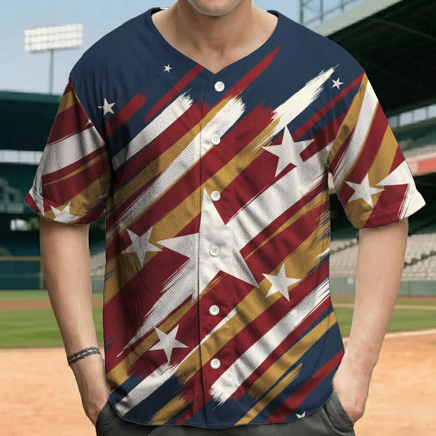 Deep Navy Red Off-White Golden Sweeping Cluster Distressed White Stars - Everyday Use Gift Baseball Jersey - 1