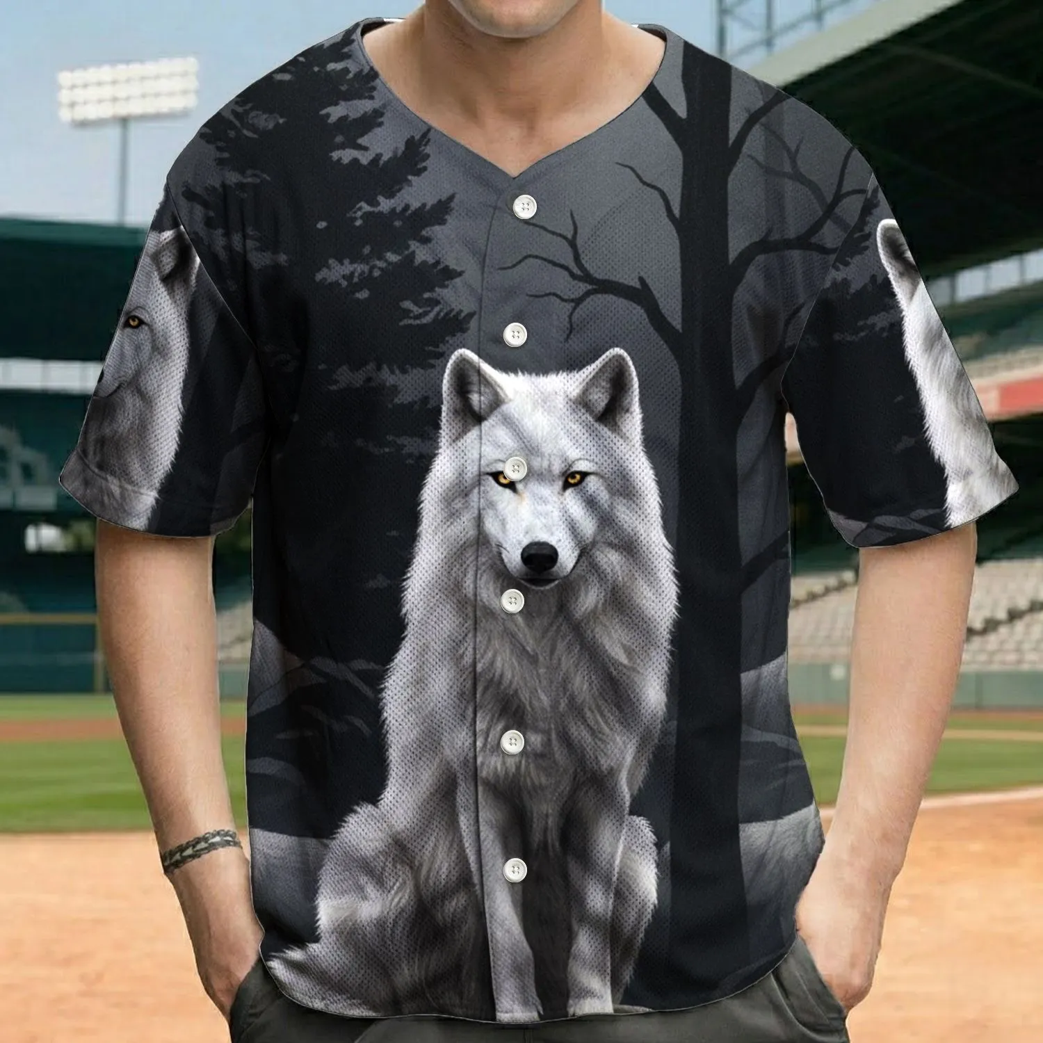 White Wolves Golden Eyes Pine Tree Branches Landscape - Wildlife Lover Gift Baseball Jersey - 1