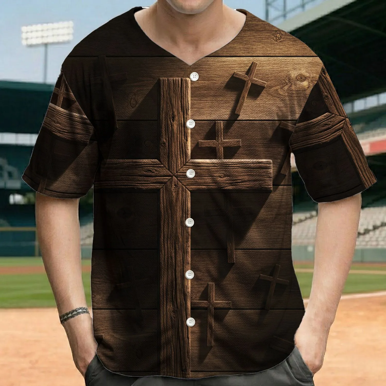 Realistic Prominent Wooden Latin Cross Scattered Crosses Wood Grain - Everyday Wear Gift Baseball Jersey - 1