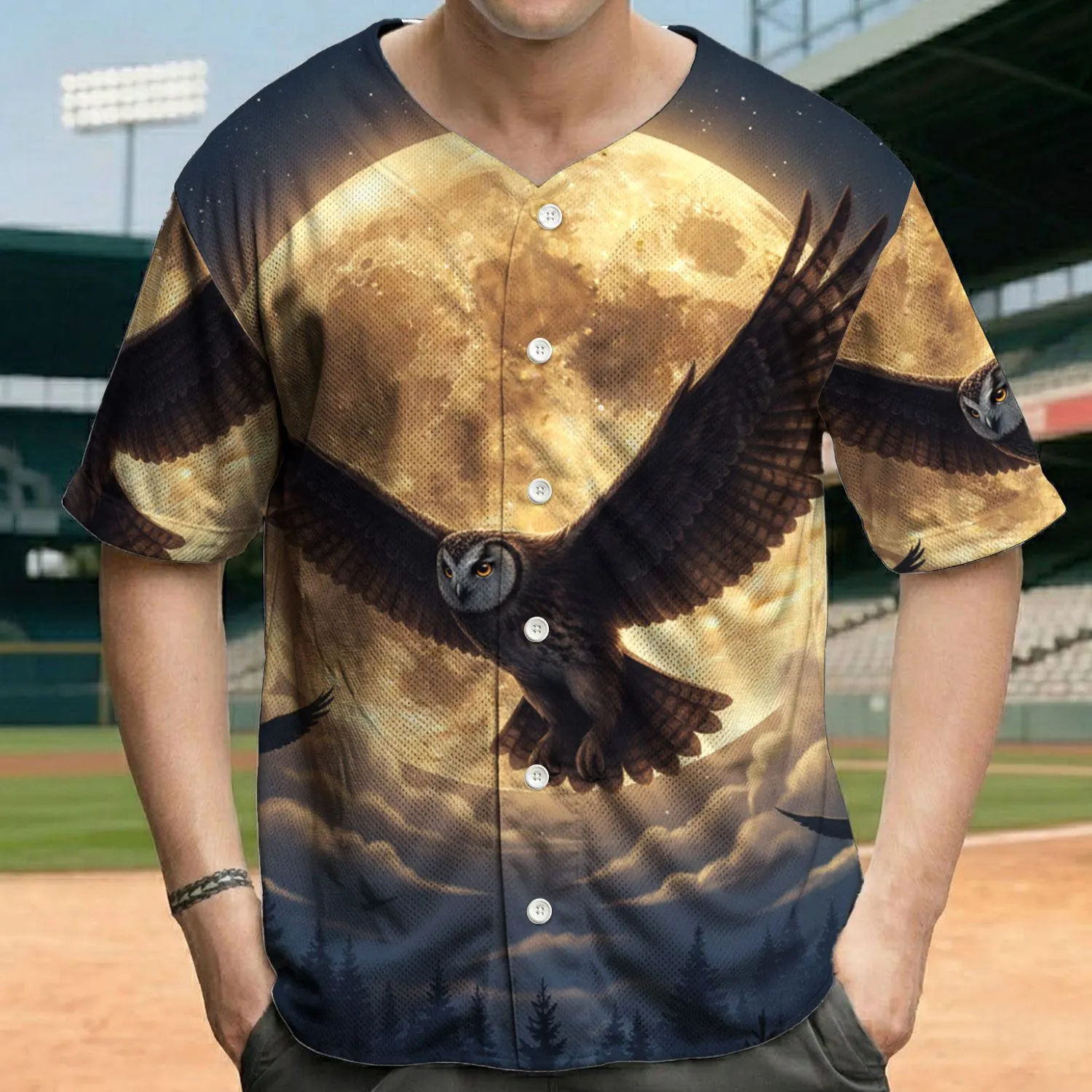 Flying Owl Full Moon Starry Night Sky Pine Trees - Wildlife Lover Gift Baseball Jersey - 1