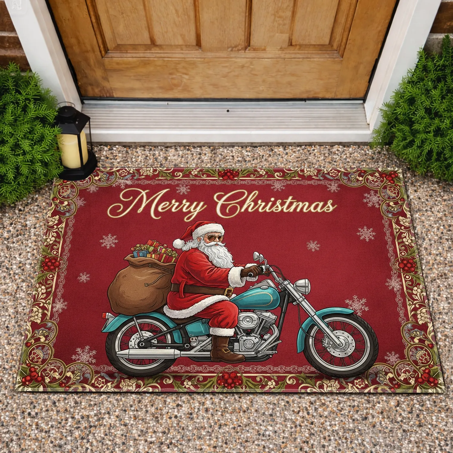 Sunglass Santa Motorcycle Merry Christmas Holly Border - Christmas Holiday Decor Doormat - 1
