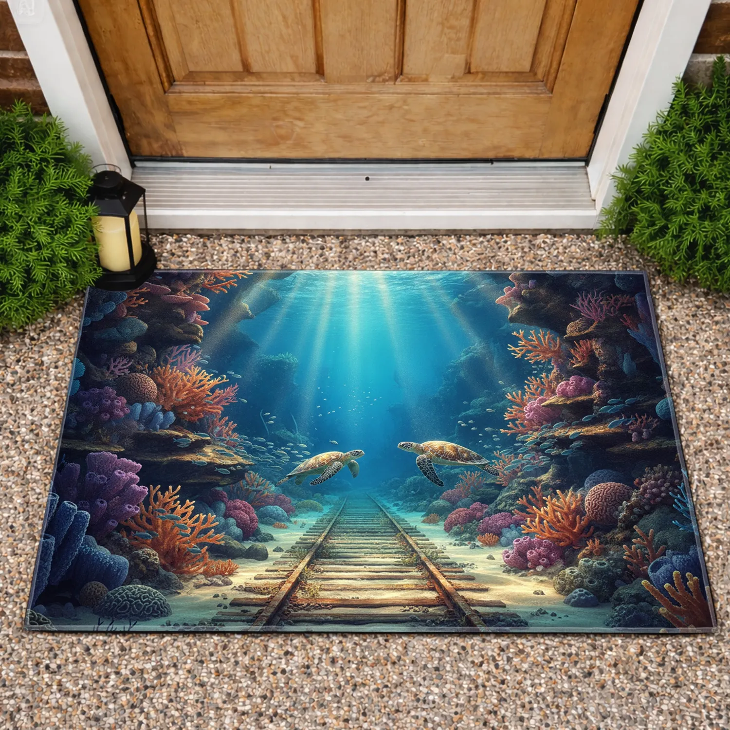 Underwater Train Track Sea Turtle Coral Reef - Ocean Lover Home Decor Gift Doormat - 1