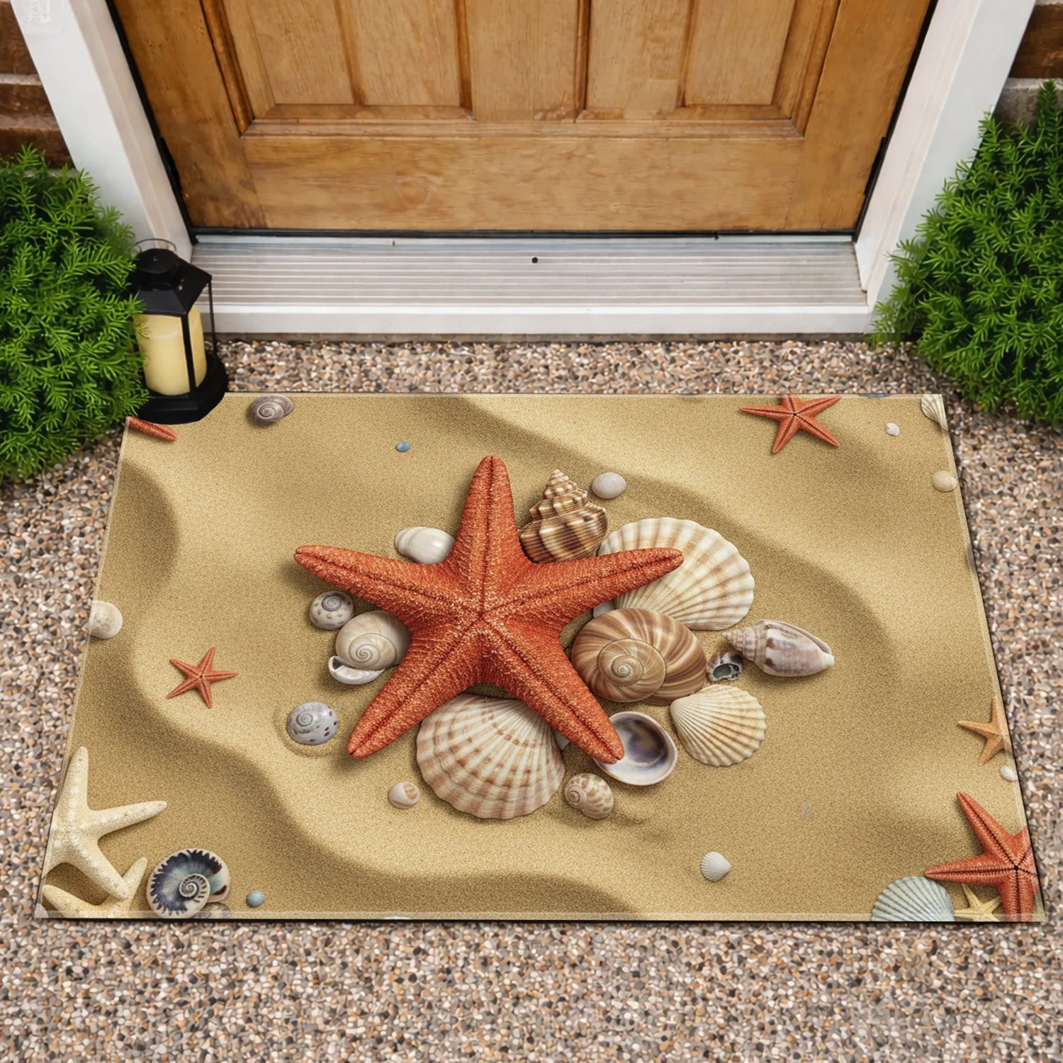 Five-Pointed Starfish Conch Scallop Cowrie Shells Golden Beach Sand - Home Decor Gift Doormat - 1
