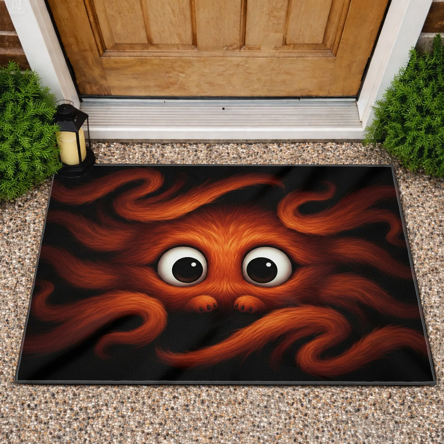 Reddish Orange Furry Creature Wide-Set Peeking Eyes - Home Decor Gift Doormat - 1