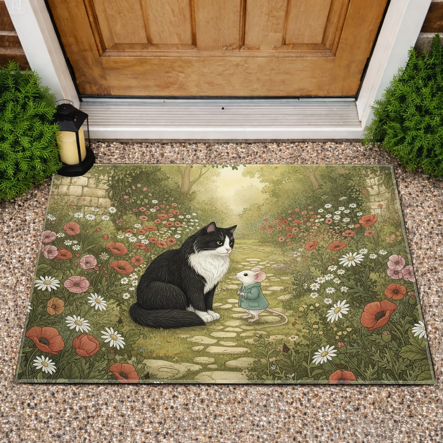 Tuxedo Cat Mouse Cottage Garden - Home Decor Gift for Cat Lover Doormat - 1