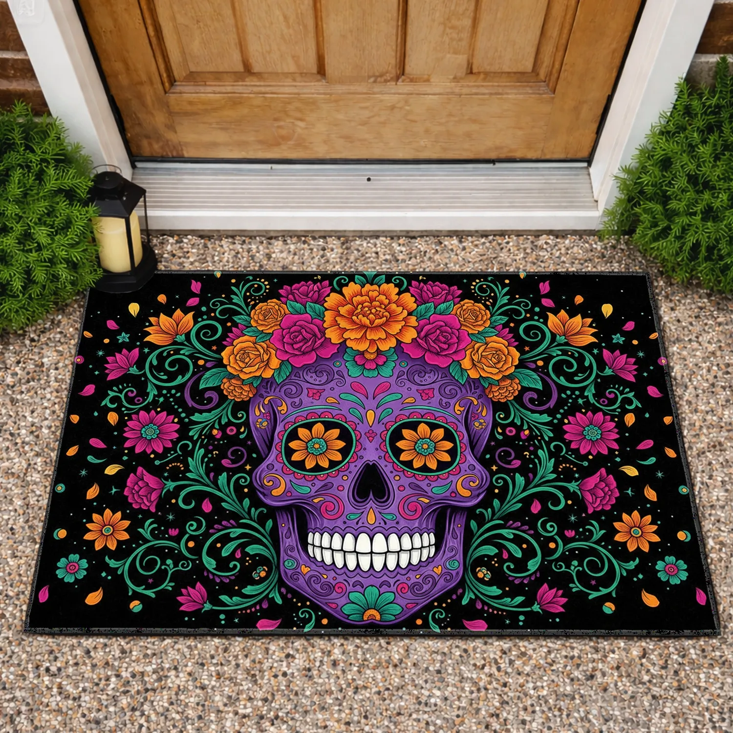 Vibrant Purple Sugar Skull Calavera Floral - Dia de los Muertos Home Decor Doormat - 1