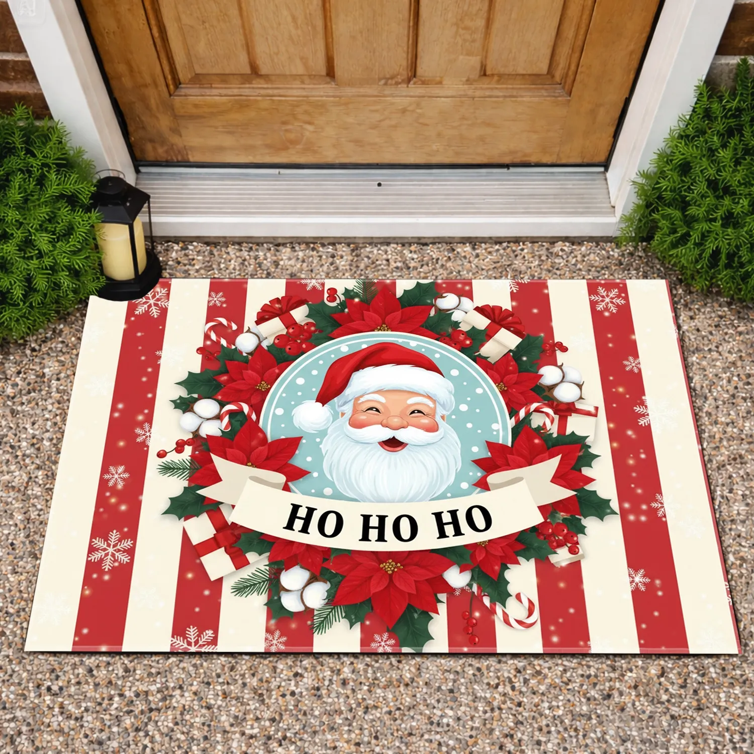 Santa Claus Christmas Wreath Poinsettia Holly Berries Snowflakes HO HO HO - Christmas Decor Gift Doormat - 1