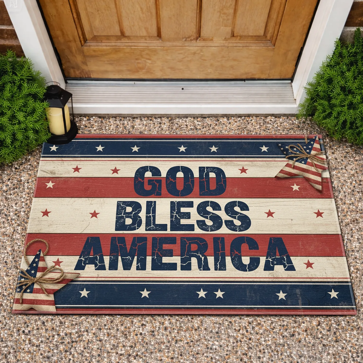 GOD BLESS AMERICA American Flag Stars Rustic Wood - Patriotic Home Decor Gift Doormat - 1