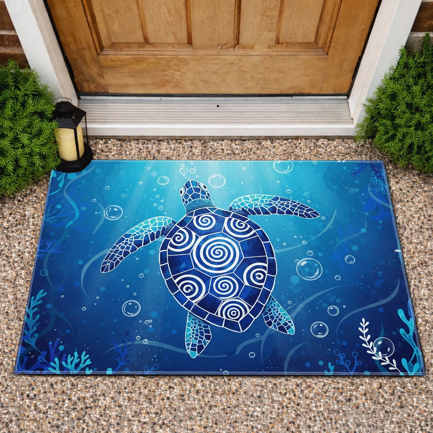 Underwater Sea Turtle Blue White Spiral Shell - Marine Life Lover Home Decor Gift Doormat - 1