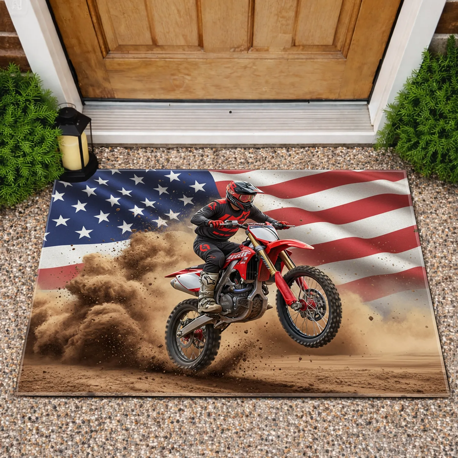 Motocross Rider American Flag - Independence Day Gift for Dirt Biker Doormat - 1
