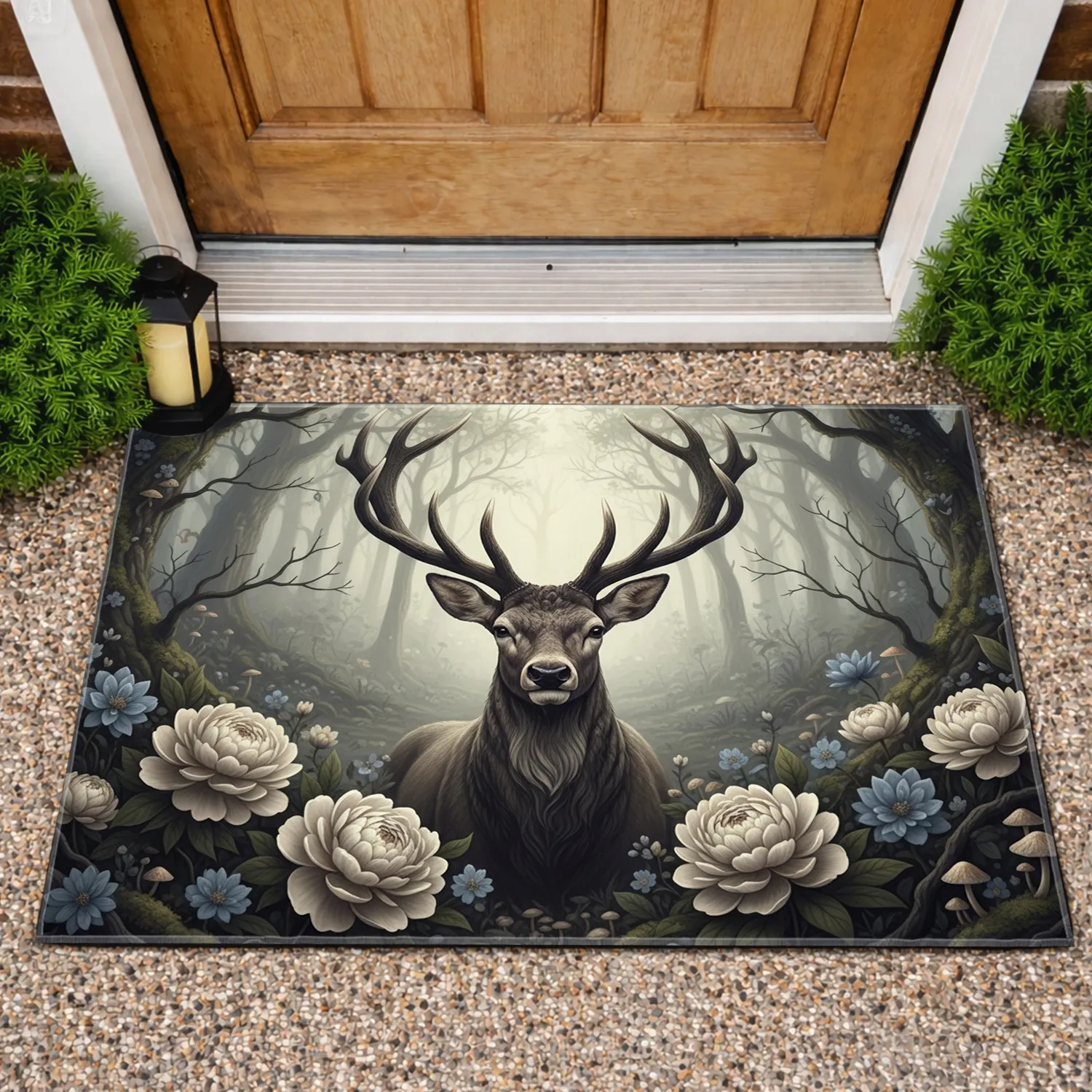 Majestic Stag Antlers Peonies Woodland Clearing - Home Decor Gift for Nature Lover Doormat - 1