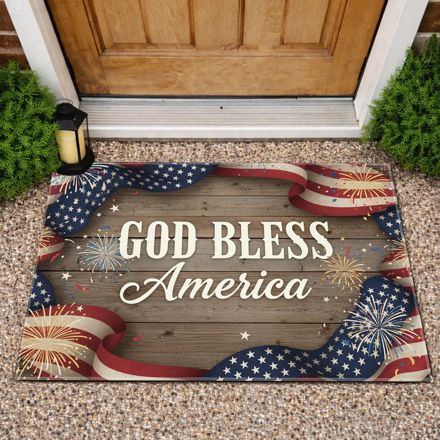 God Bless America Flag Fireworks Rustic Wood - Patriotic Home Decor Gift Doormat - 1