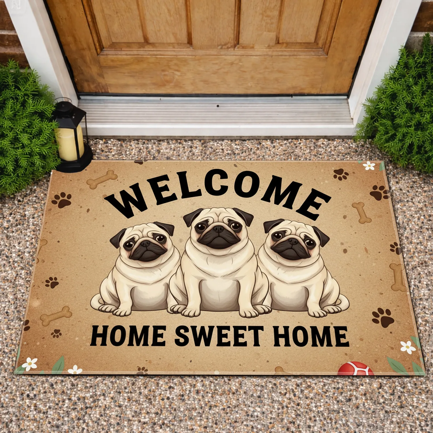 Three Pugs Welcome Home Sweet Home - Farmhouse Home Decor Gift for Dog Lover Doormat - 1