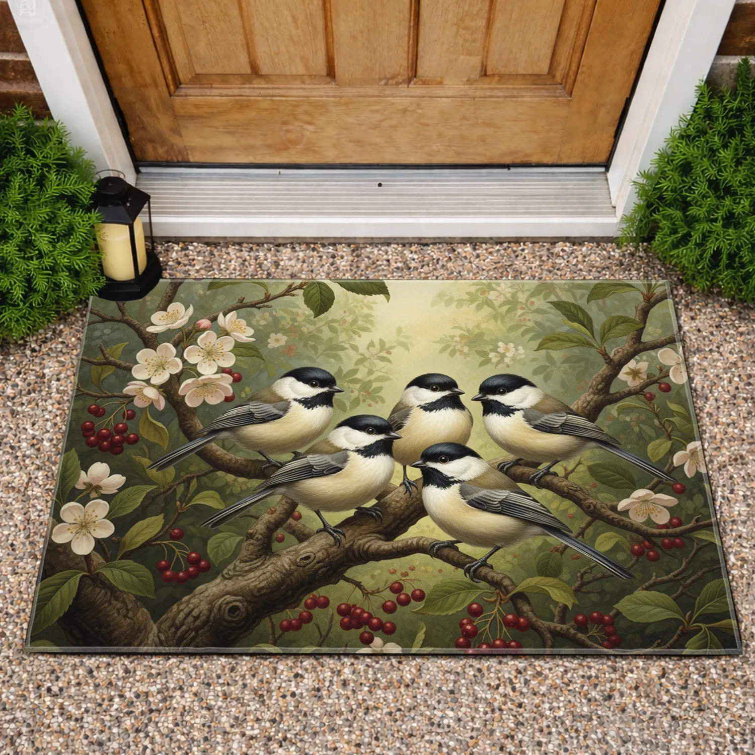 Chickadee Birds Red Berry Blossom Natural Forest Branches - Wildlife Lover Home Decor Gift Doormat - 1