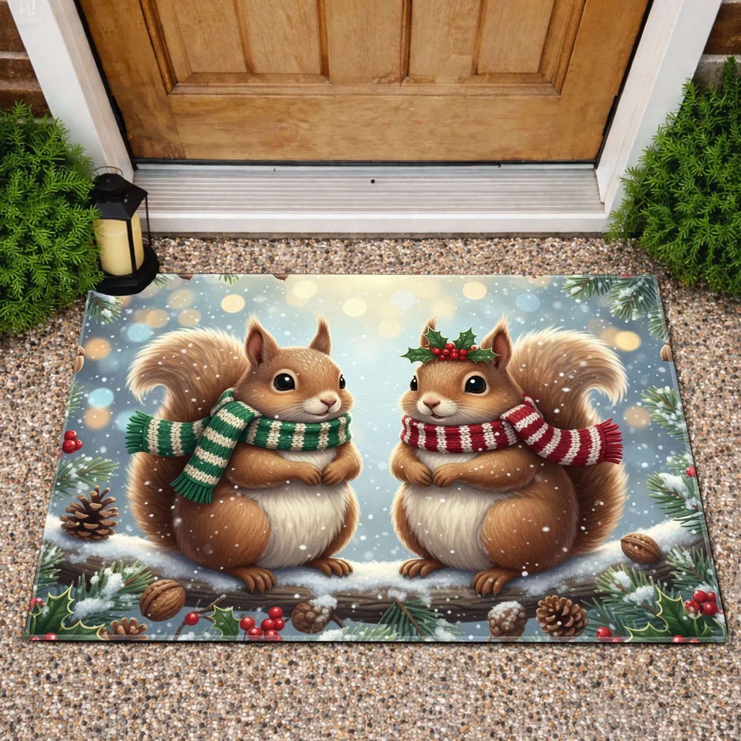 Scarf Squirrels Pinecones Holly Evergreen Winter Scene - Christmas Holiday Gift Doormat - 1