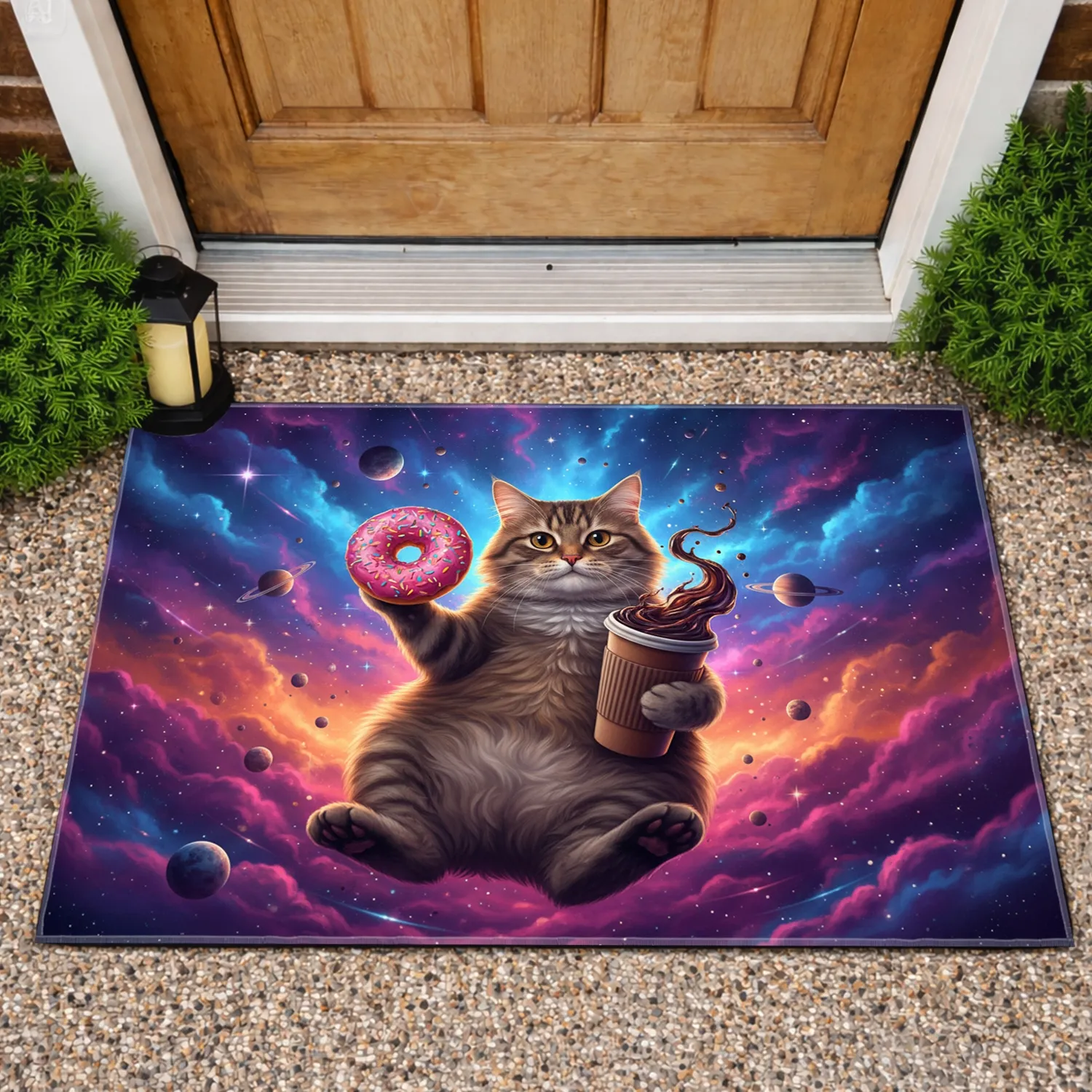 Tabby Cat Pink Donut Coffee Cup Cosmic Galaxy - Home Decor Gift Doormat - 1