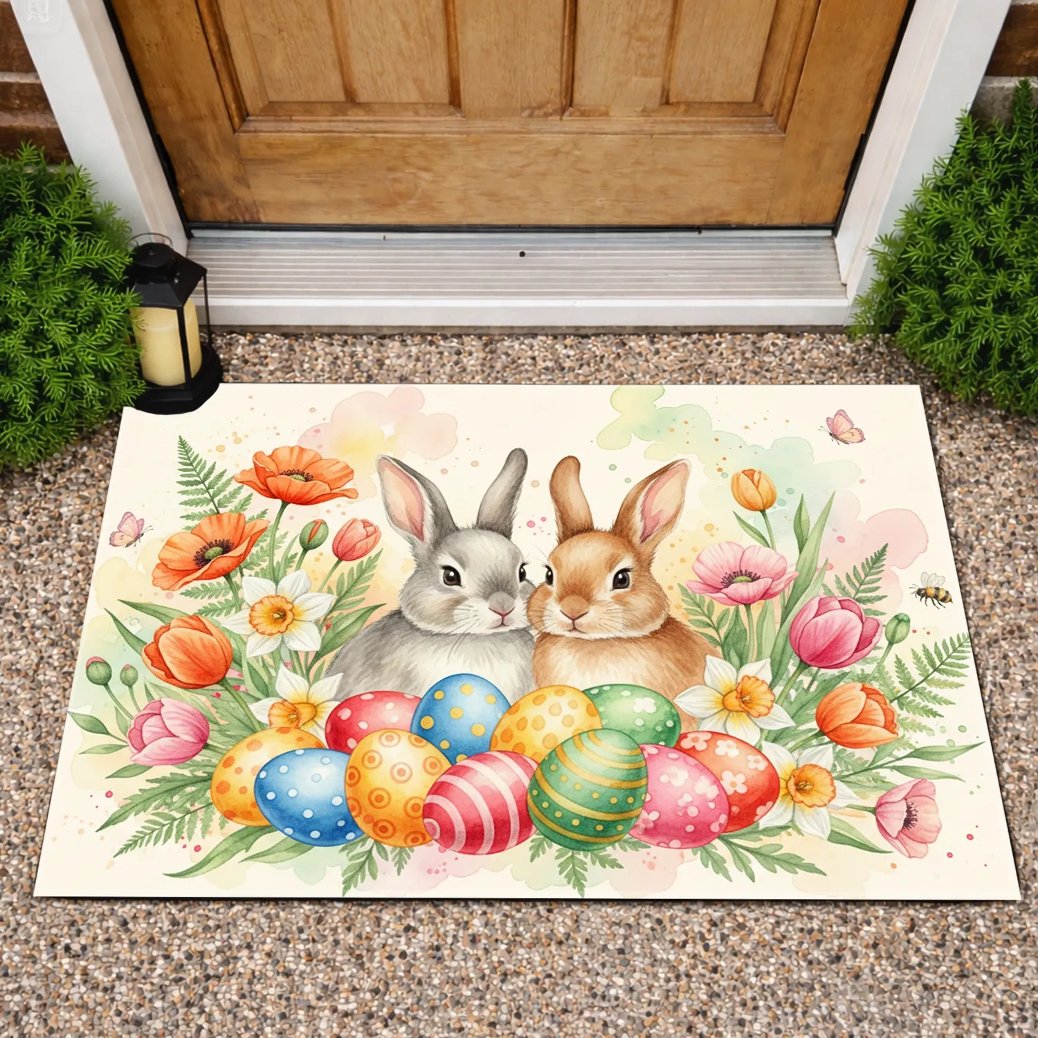 Realistic Bunnies Decorated Easter Eggs Spring Flowers - Easter Home Decor for Bunny Lovers Doormat - 1
