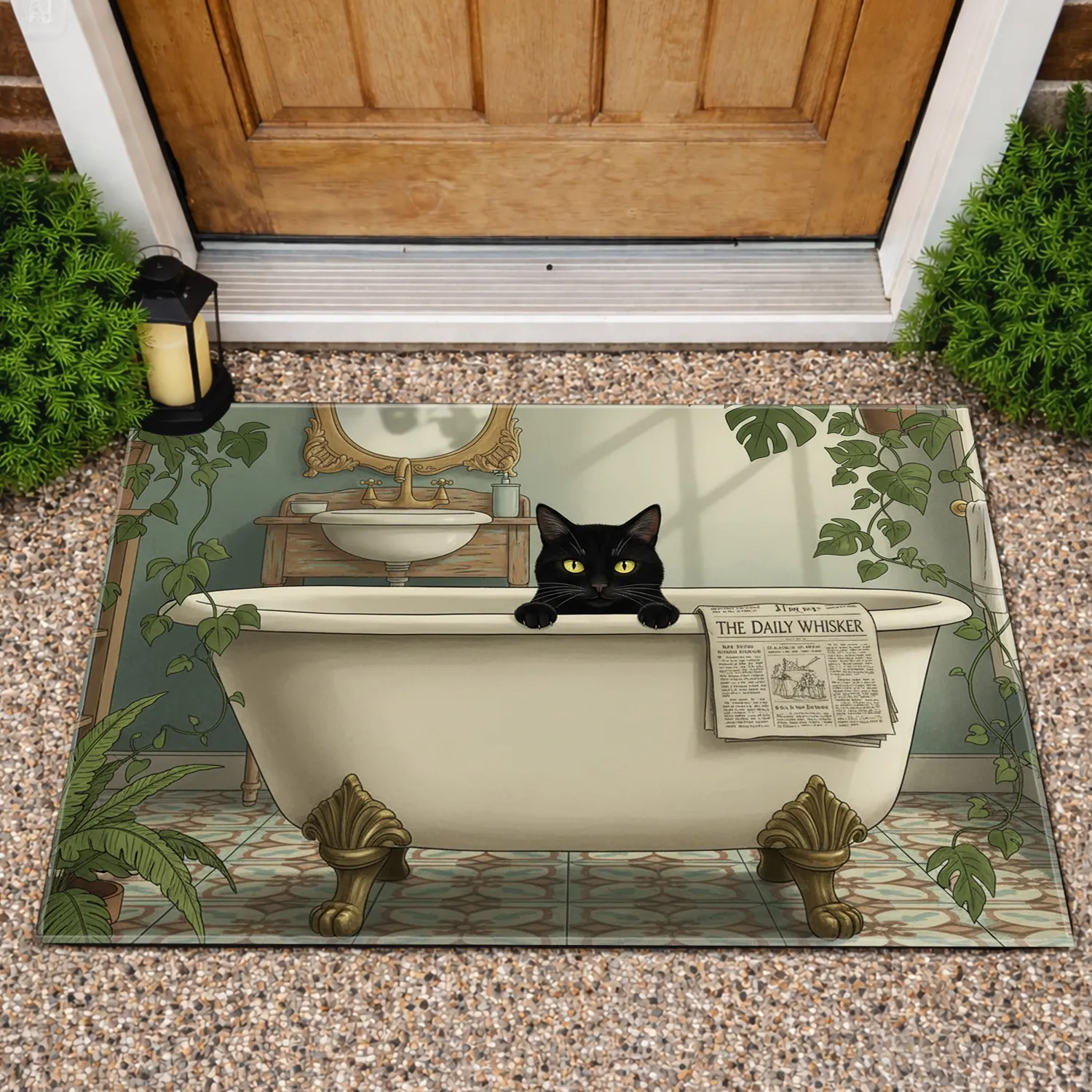 Black Cat Bathtub Vintage Bathroom - Home Decor Gift for Cat Lover Doormat - 1