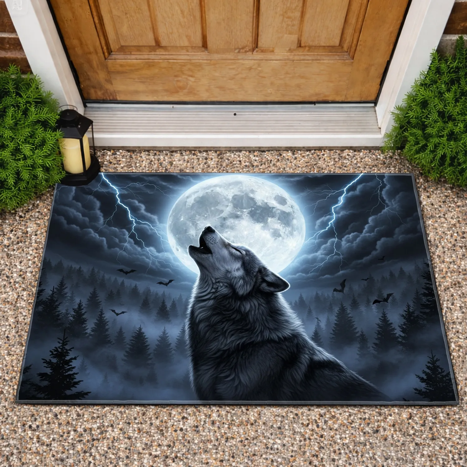 Majestic Grey Wolf Howling Full Moon Forest - Wildlife Lover Decor Gift Doormat - 1