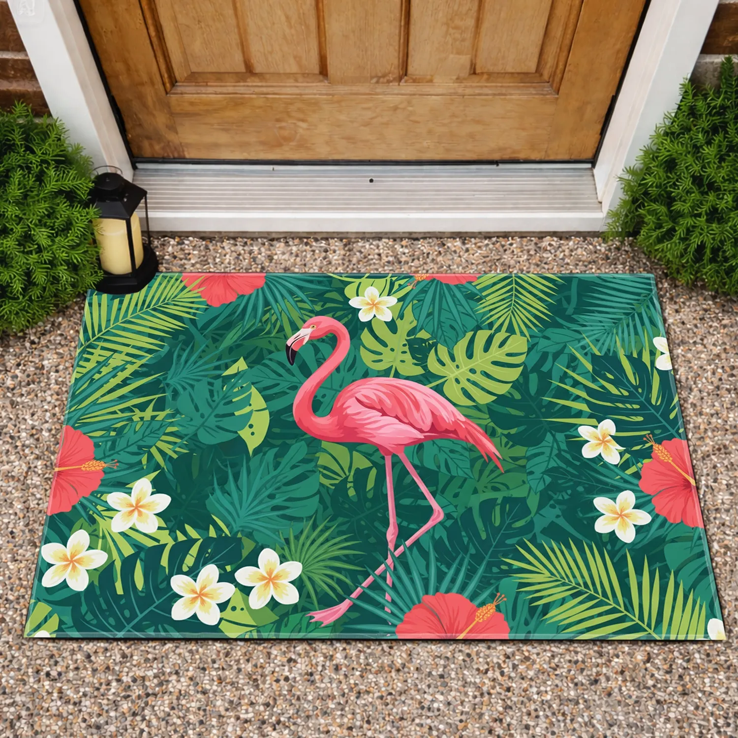 Pink Flamingo Monstera Palm Hibiscus - Home Decor Gift for Tropical Lovers Doormat - 1
