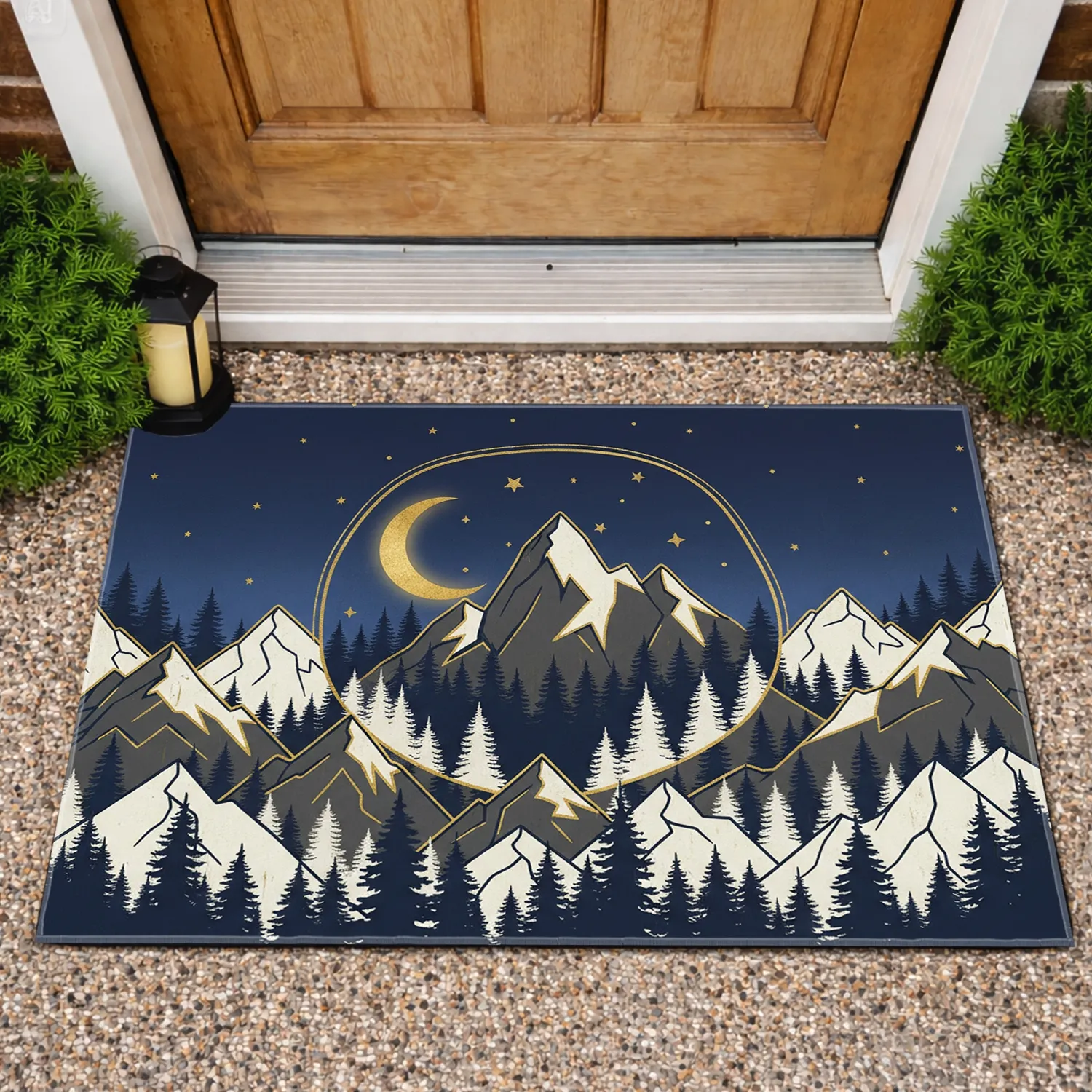 Night Mountain Crescent Moon Starry Jagged Peaks Pine Tree Landscape - Home Decor Gift Doormat - 1