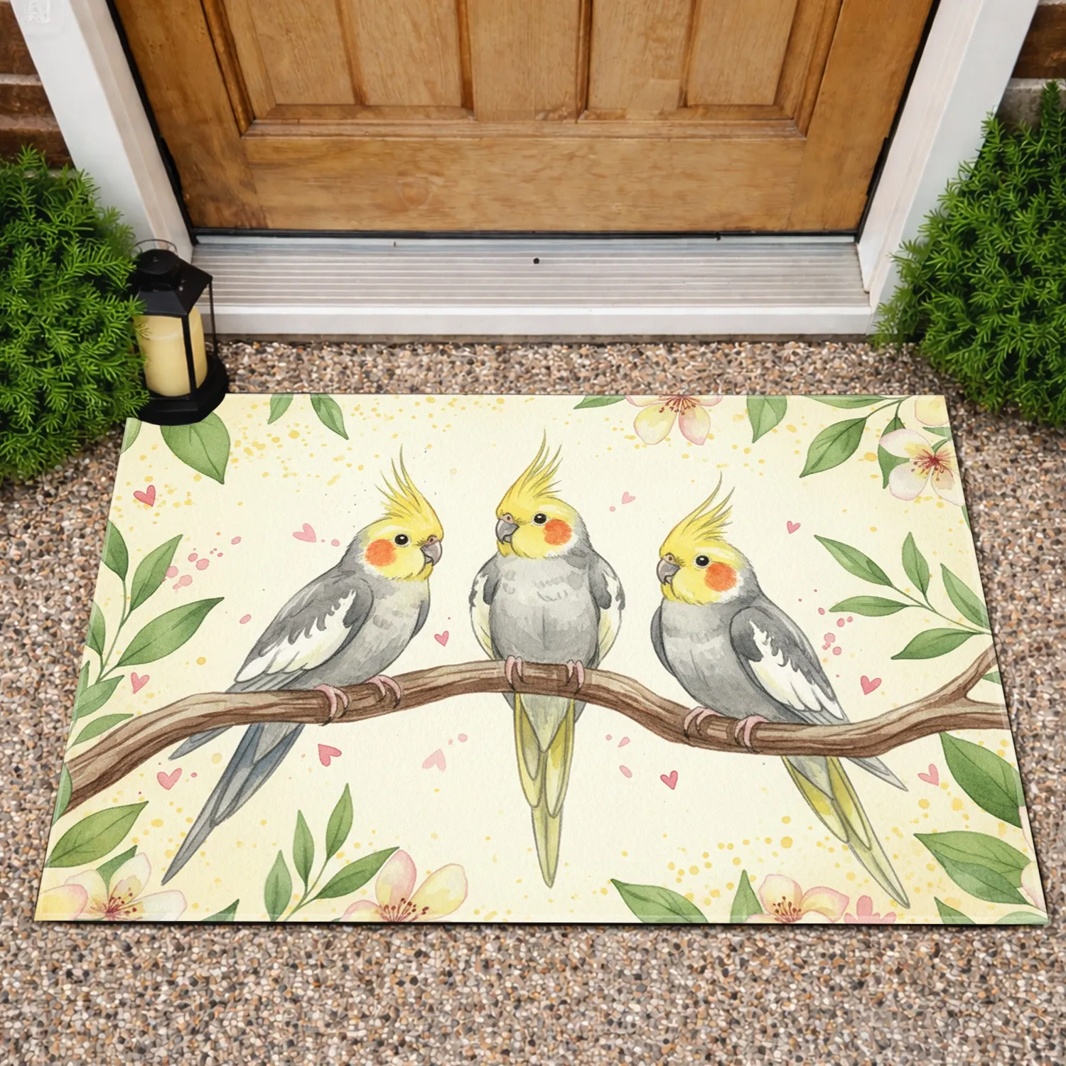 Cockatiel Birds Green Leaves Yellow Blossoms Hearts - Bird Lover Home Decor Gift Doormat - 1