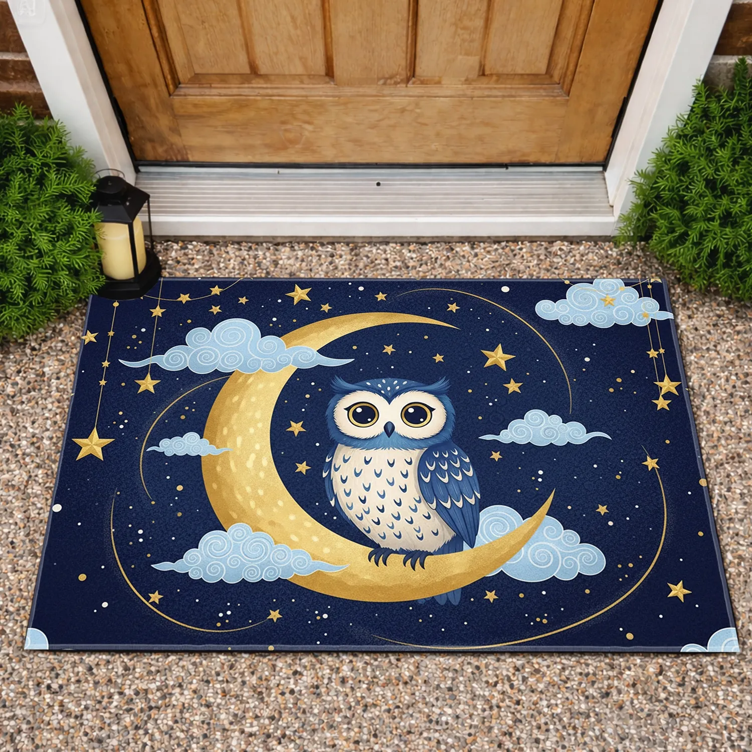 Blue Owl Golden Moon Stars Fluffy Clouds Star Garlands - Home Decor Gift for Owl Lover Doormat - 1