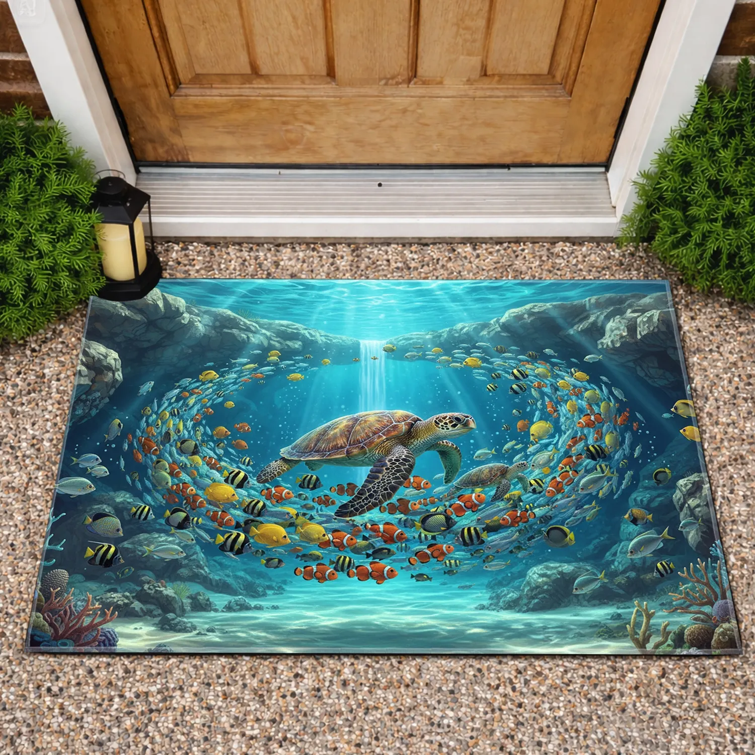 Majestic Sea Turtle Tropical Fish Grotto Waterfall - Wildlife Home Decor Gift Doormat - 1