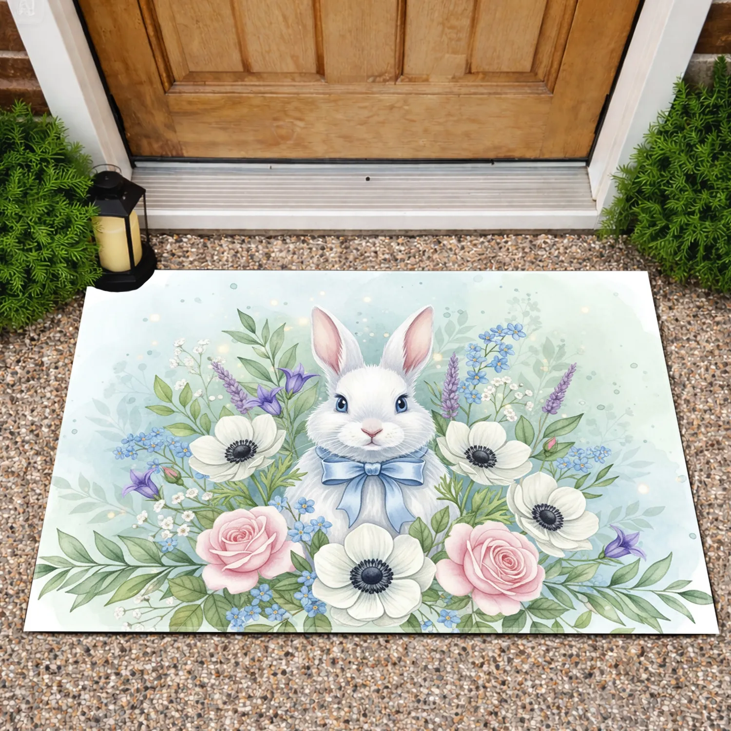 Fluffy White Bunny Spring Wildflowers - Home Decor Gift for Nature Lover Doormat - 1