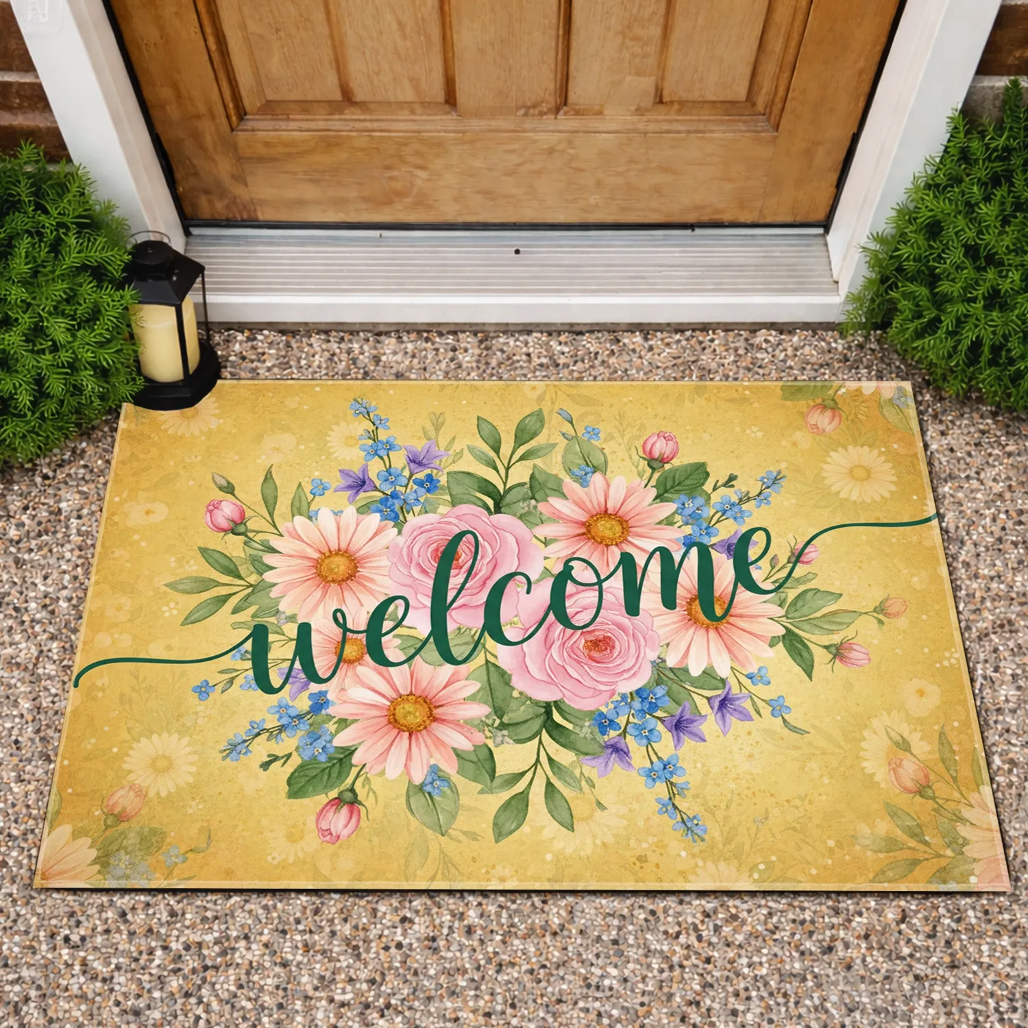 Welcome Script Daisy Rose Wildflower Foliage - Home Decor Gift for Garden Lovers Doormat - 1