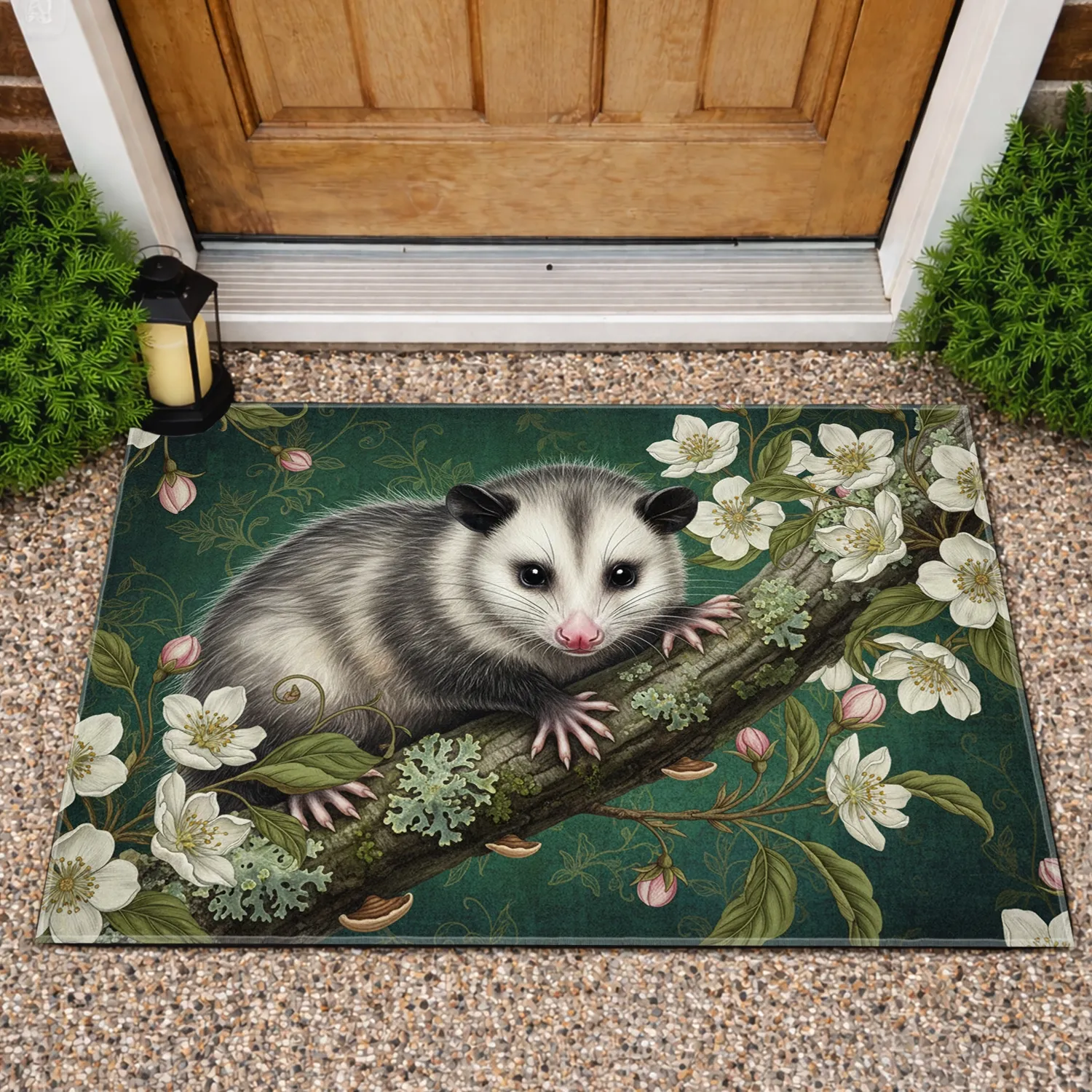 Opossum Mossy Tree Branch Cream Blossom Green Leaves - Wildlife Lover Home Decor Gift Doormat - 1
