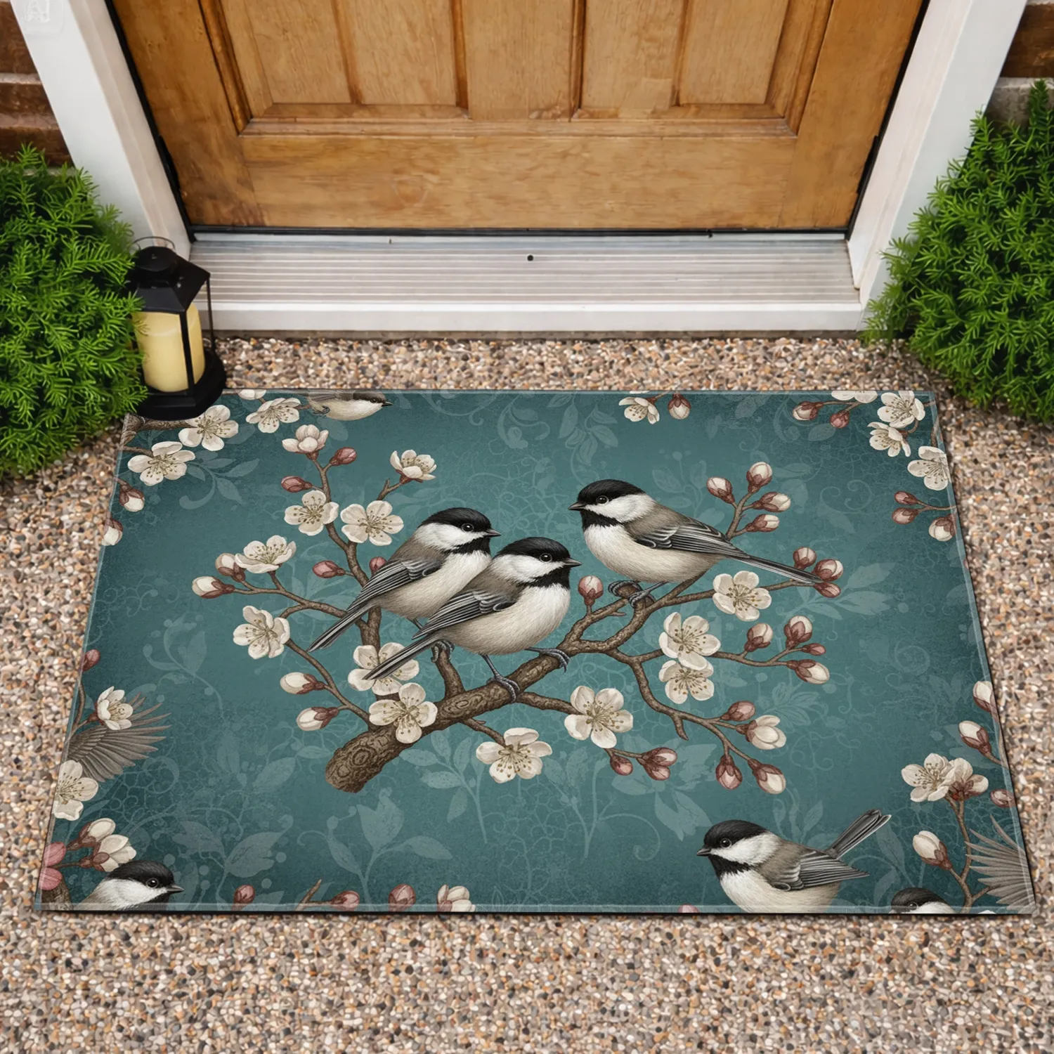 Chickadee Birds Gnarled Branches Cream Blossoms - Wildlife Lover Home Decor Accent Gift Doormat - 1
