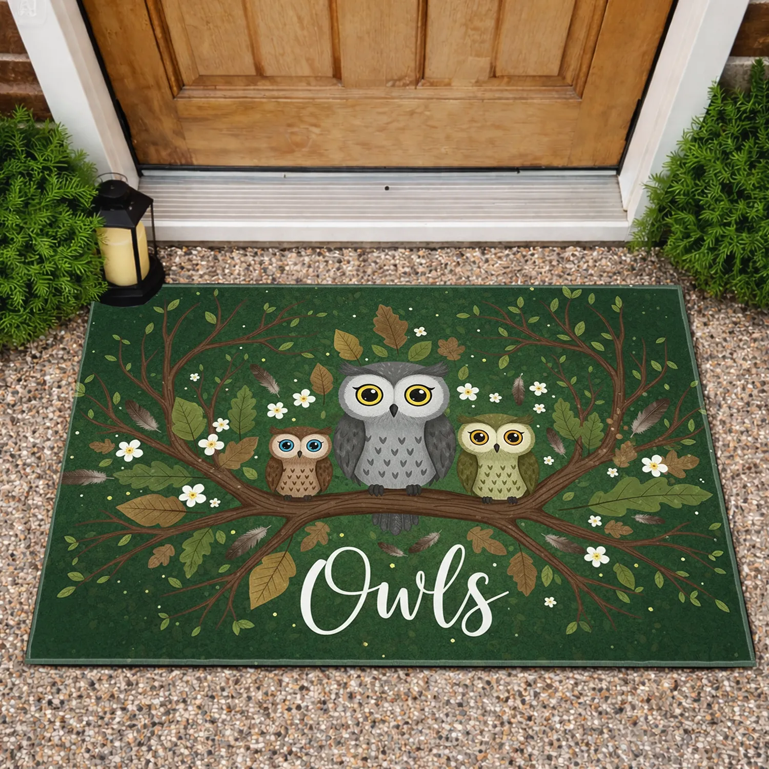 Three Owls Gnarled Branch Forest Leaves Woodland Flowers - Home Decor Gift for Owl Lover Doormat - 1