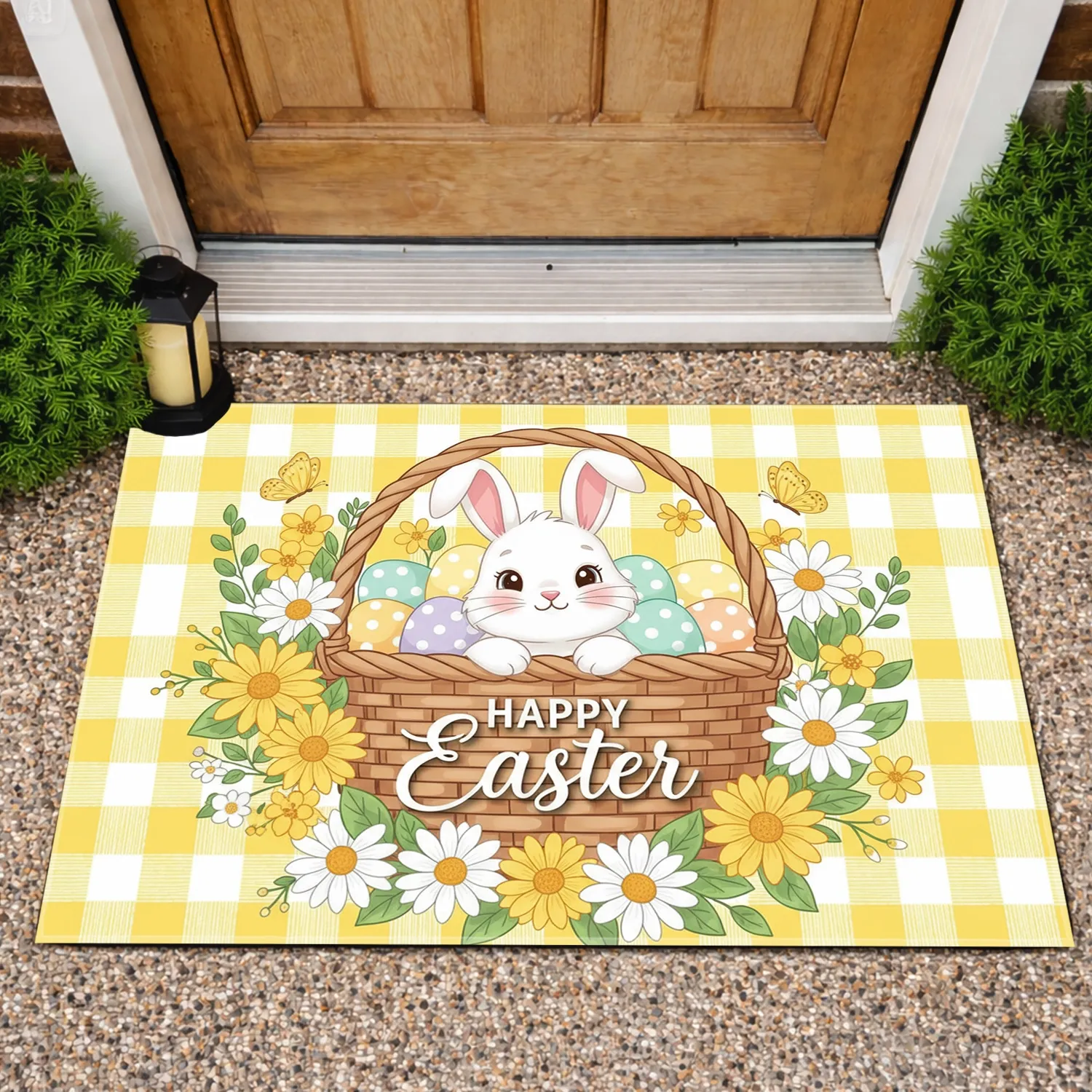Easter Bunny Basket Eggs Daisies Plaid - Happy Easter Spring Decor Doormat - 1