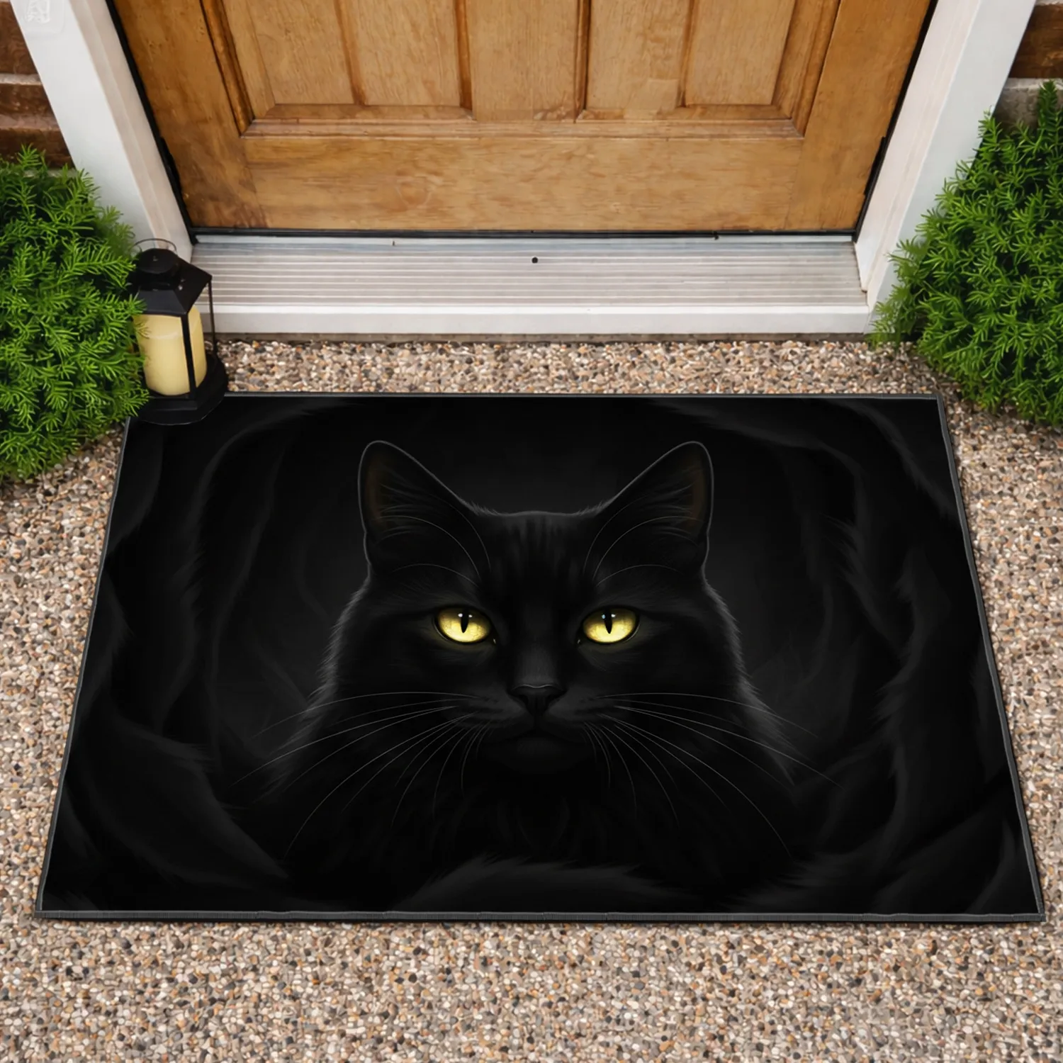 Black Cat Piercing Yellow Eyes Whiskers - Everyday Home Decor Gift for Cat Lovers Doormat - 1