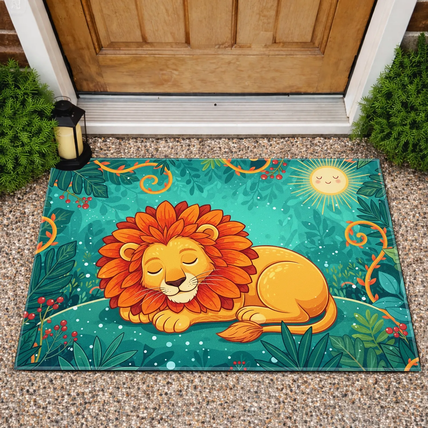 Sleeping Lion Petal Mane Jungle Scene Sun - Wildlife Lover Home Decor Gift for Lion Lovers Doormat - 1