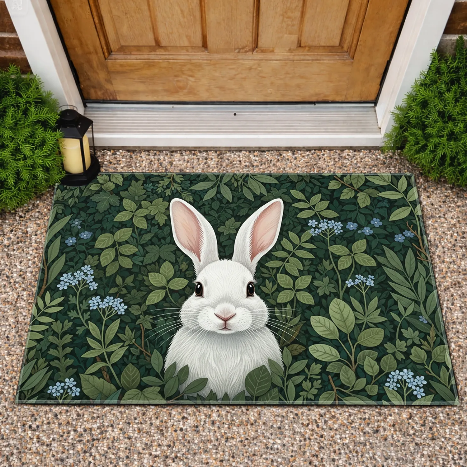 Curious White Rabbit Forest Undergrowth Wildflowers - Nature Lover Home Decor Gift Doormat - 1