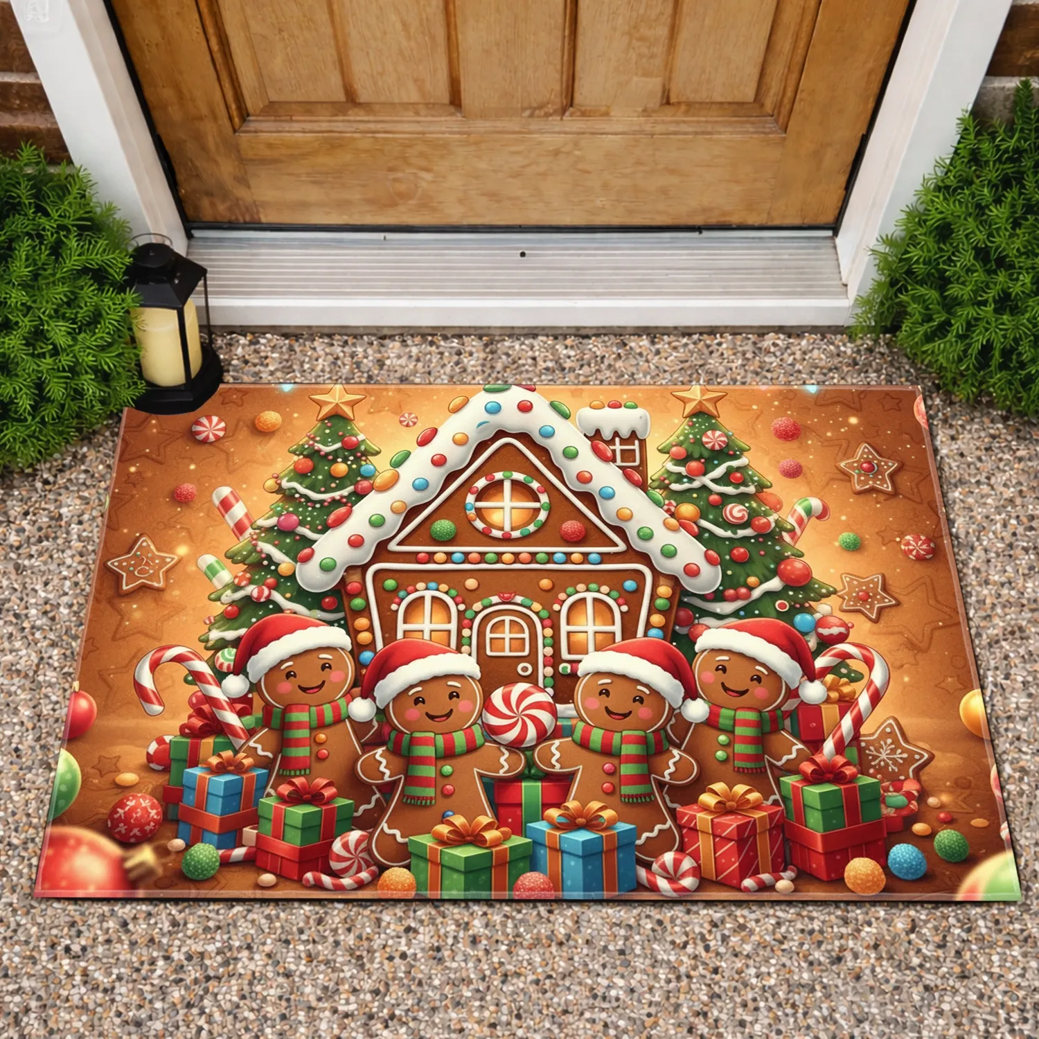 Gingerbread Characters House Christmas Tree Presents Candy Gumdrops - Festive Holiday Season Decor Doormat - 1