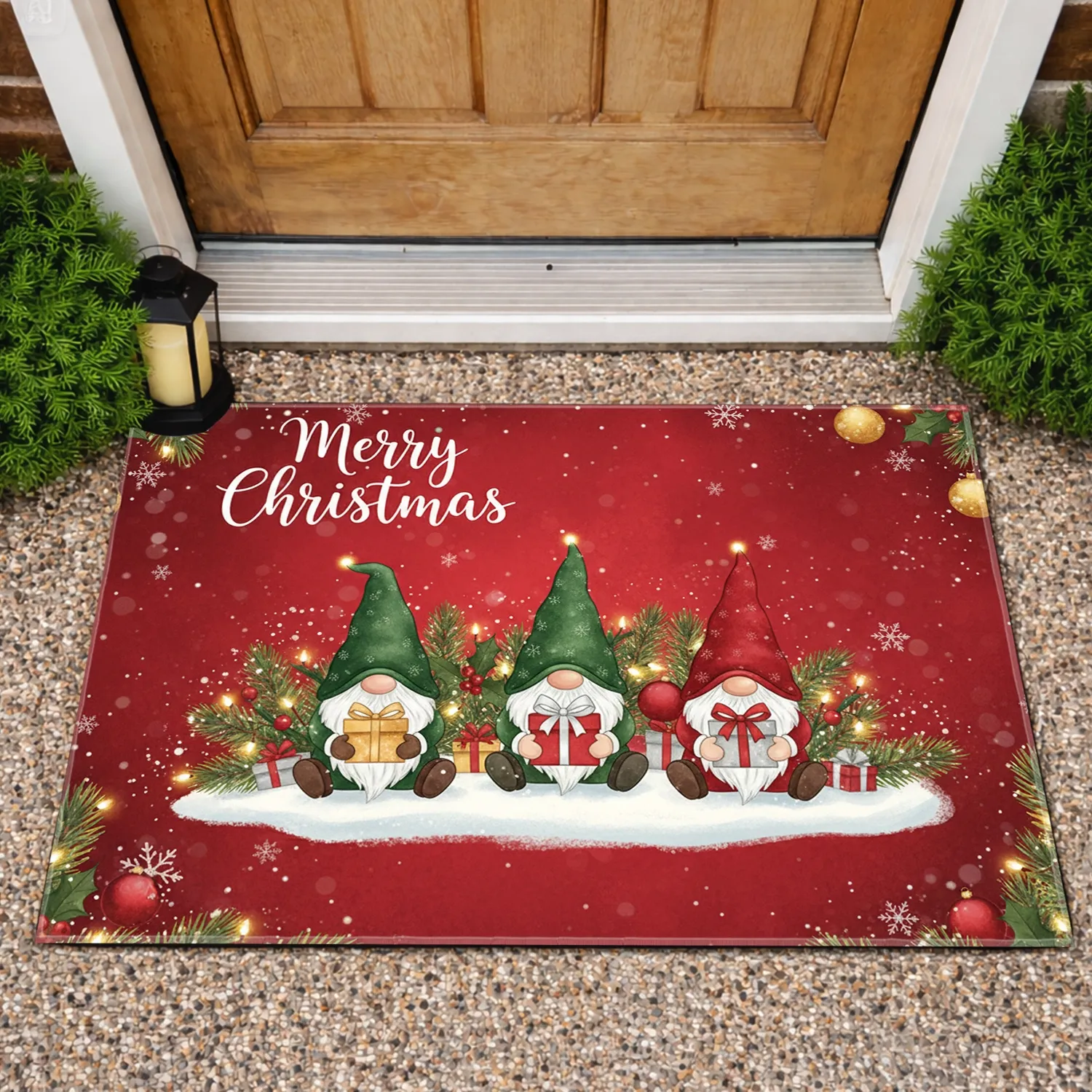 Gnomes Merry Christmas Gifts Snowflakes Holly - Festive Holiday Home Decor Doormat - 1