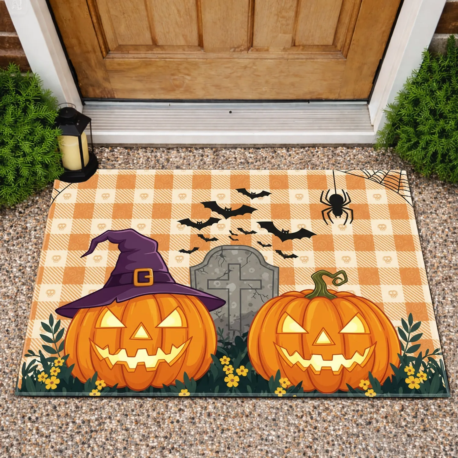 Glowing Jack-o'-lanterns Witch Hat Tombstone Bats Spiders - Halloween Party Doormat - 1
