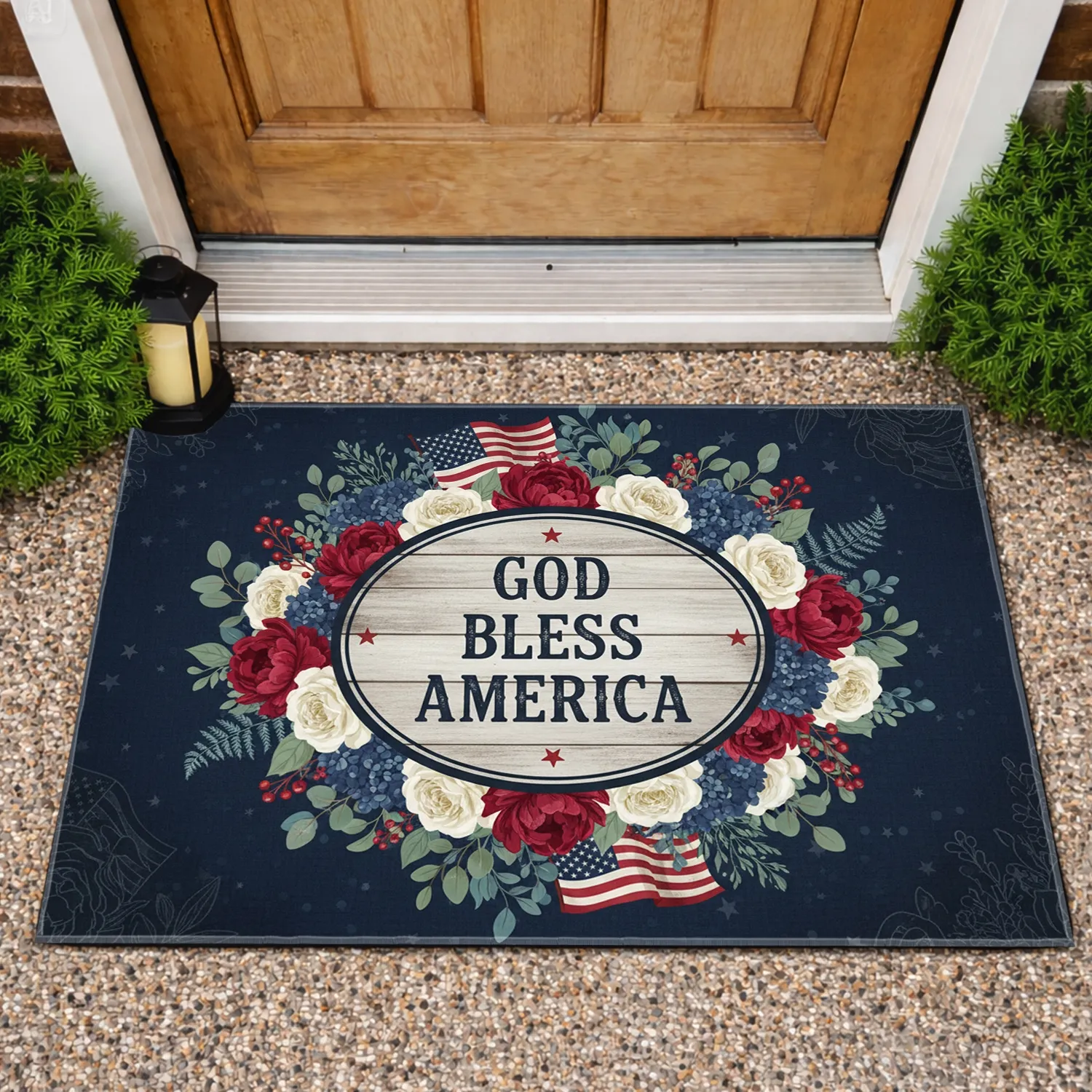Rustic God Bless America Floral Flag - Independence Day Home Decor Doormat - 1