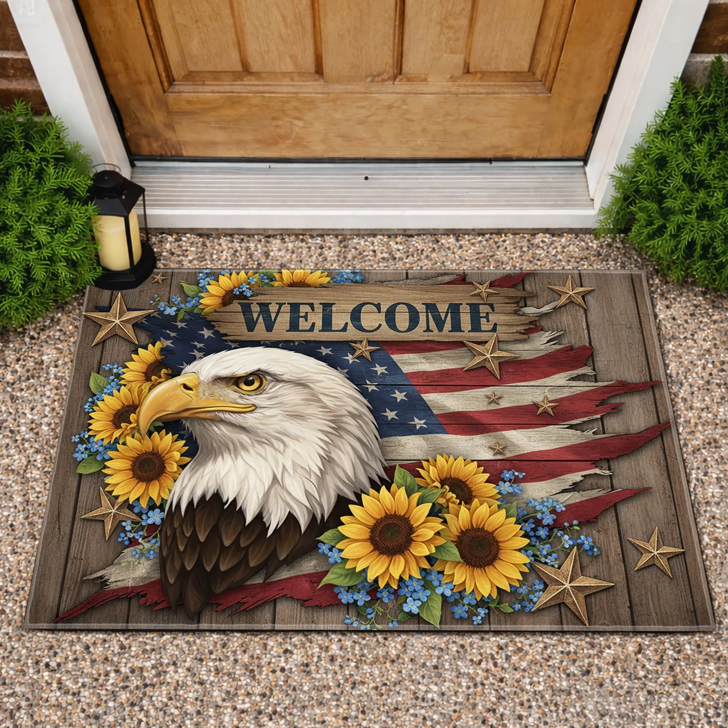Bald Eagle American Flag Welcome Sunflowers - Independence Day Gift for Veterans Doormat - 1