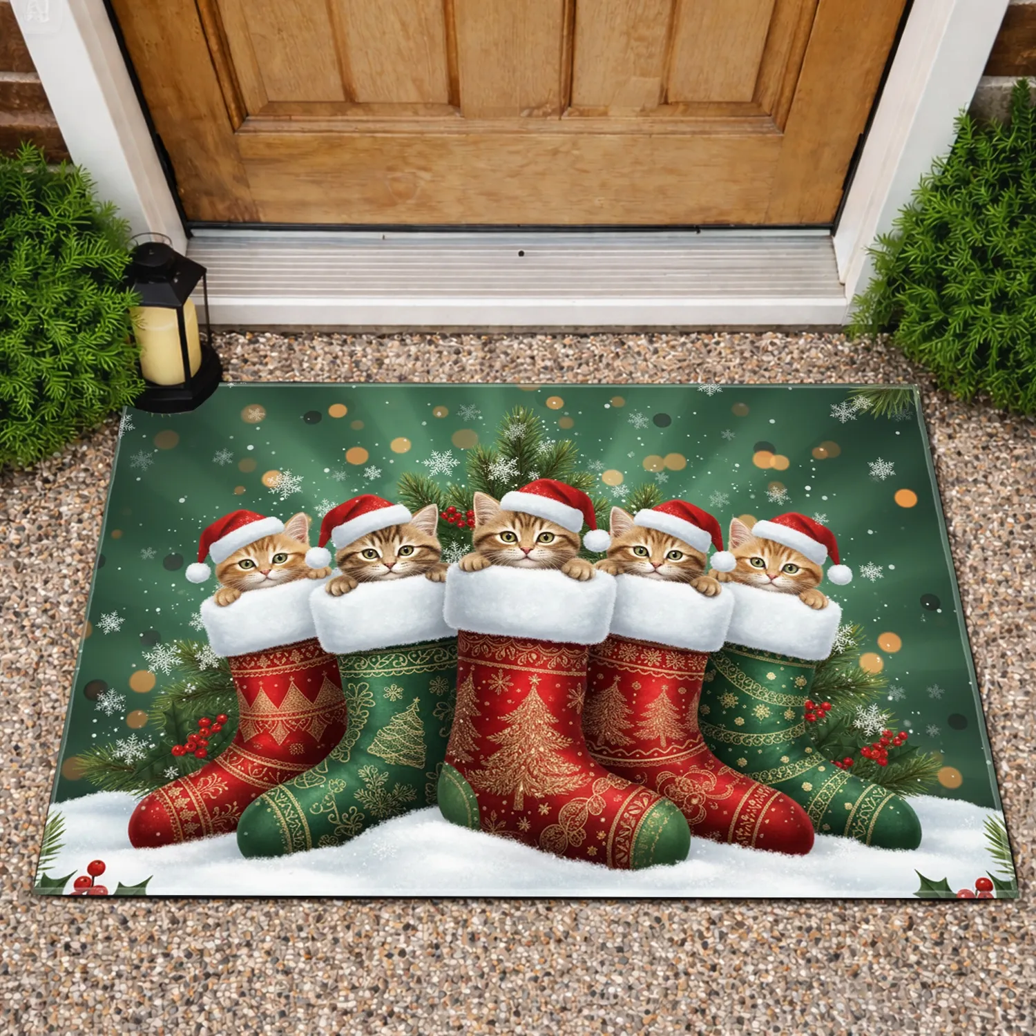 Five Kittens Christmas Stockings Snow Holly - Christmas Holiday Gift for Cat Lover Doormat - 1