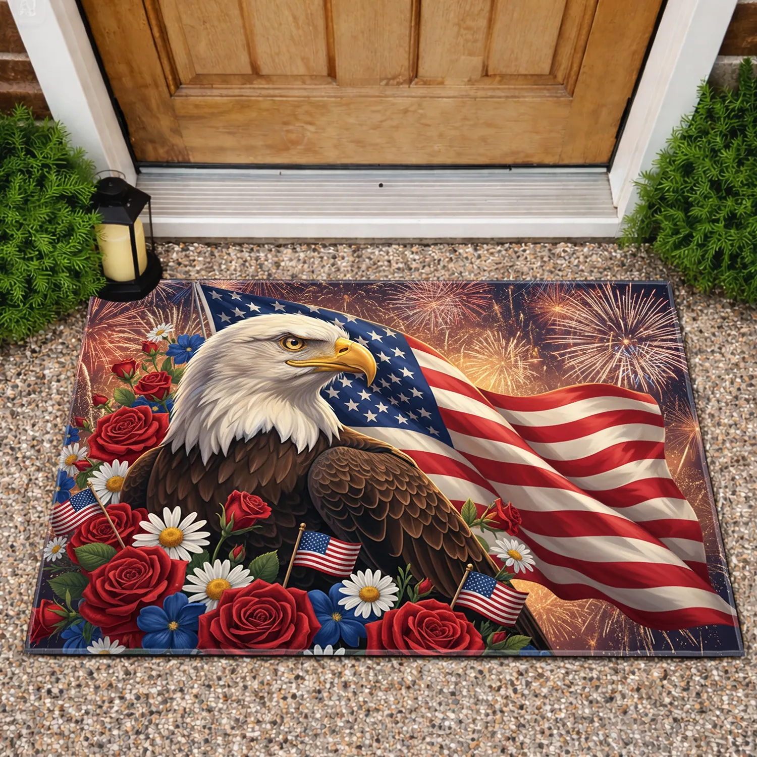Bald Eagle American Flag Patriotic Flowers Fireworks Independence Day Gift for Veterans Doormat - 1
