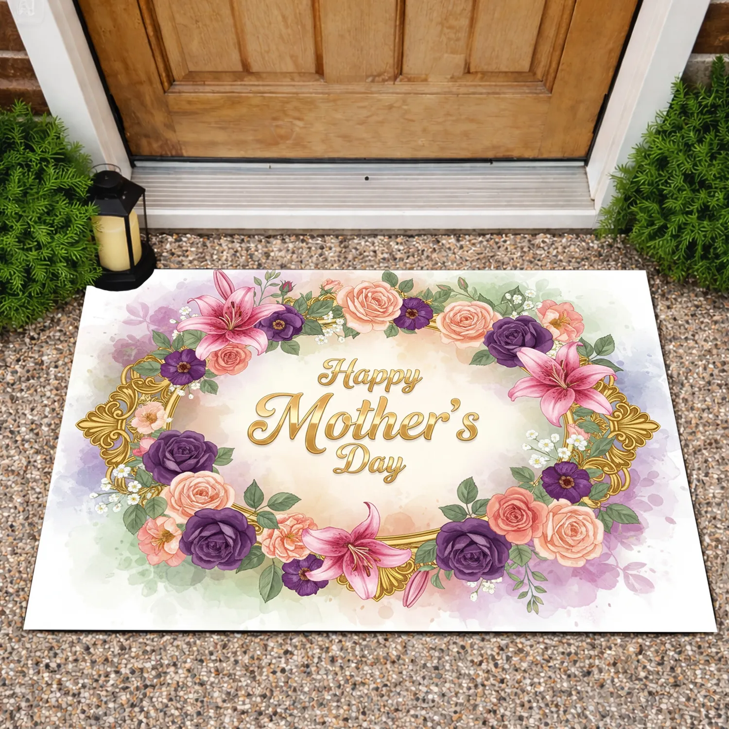 Happy Mother's Day Golden Script Floral Filigree - Mother's Day Gift for Mom Doormat - 1