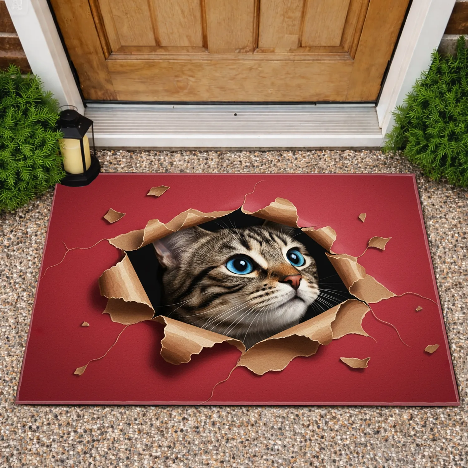 Curious Tabby Cat Blue Eyes Peering Torn Canvas - Home Decor Gift for Pet Owners Doormat - 1