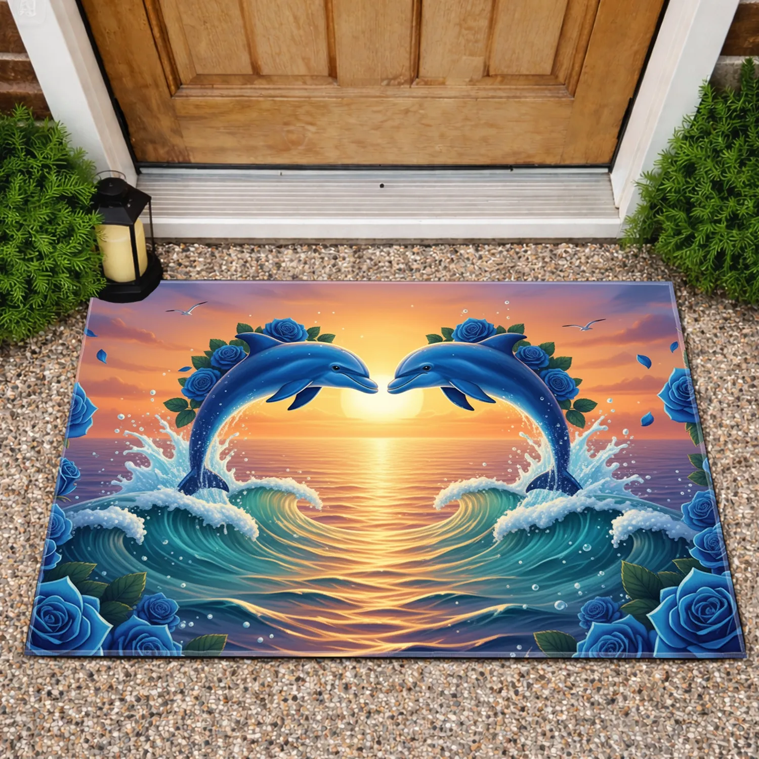 Luminous Blue Dolphins Heart Sunset Ocean Scene with Roses - Ocean Lover Home Decor Gift Doormat - 1