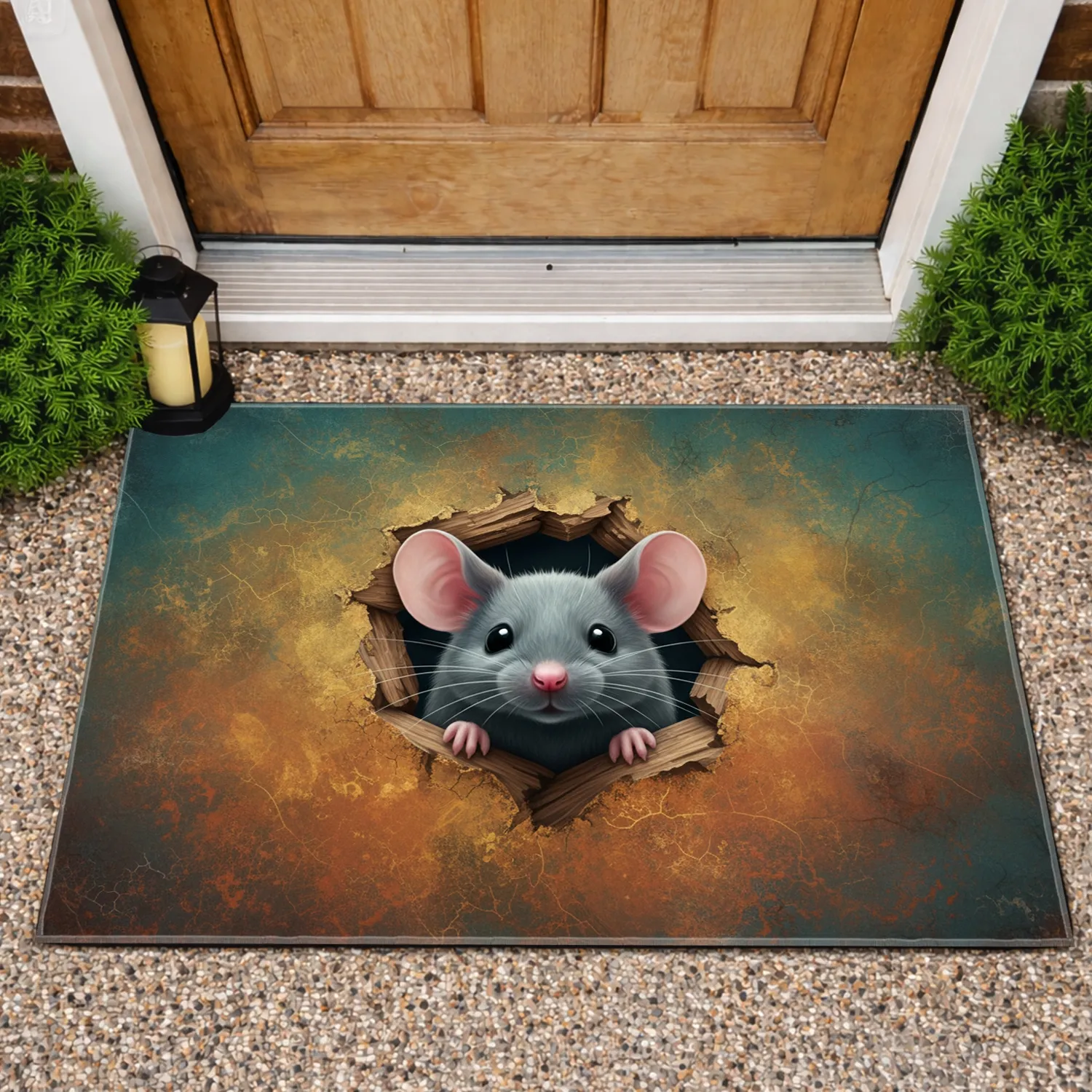 Grey Mouse Peeking Torn Wood Hole - Housewarming Home Decor Gift Doormat - 1
