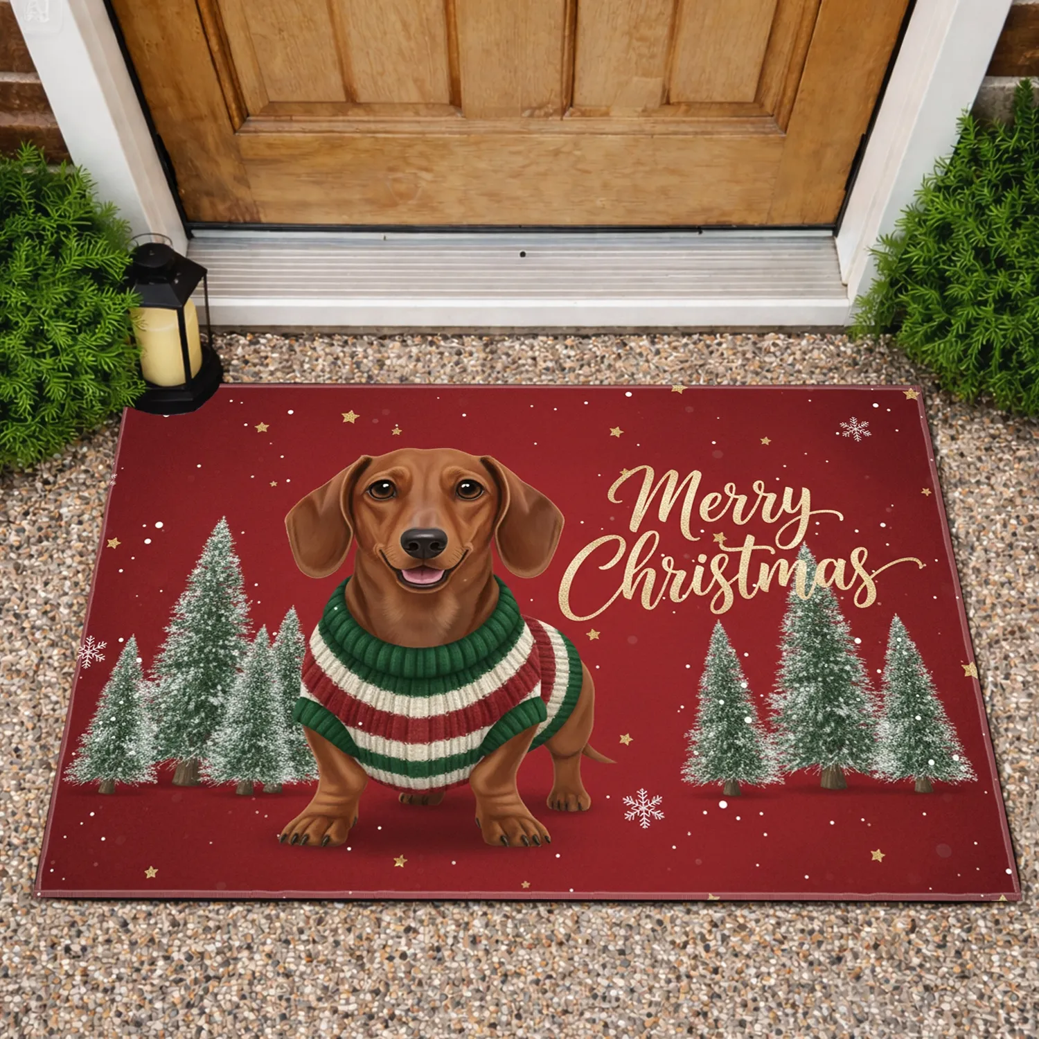 Dachshund Merry Christmas Sweater Evergreen - Holiday Decor for Dog Lover Doormat - 1