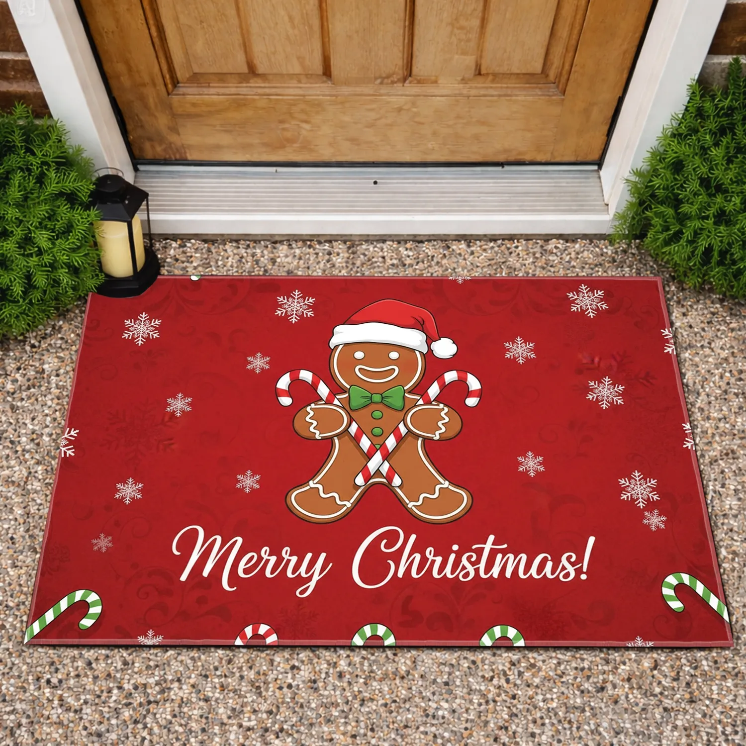 Gingerbread Man Merry Christmas Candy Canes Snowflakes - Festive Seasonal Home Decor Gift Doormat - 1